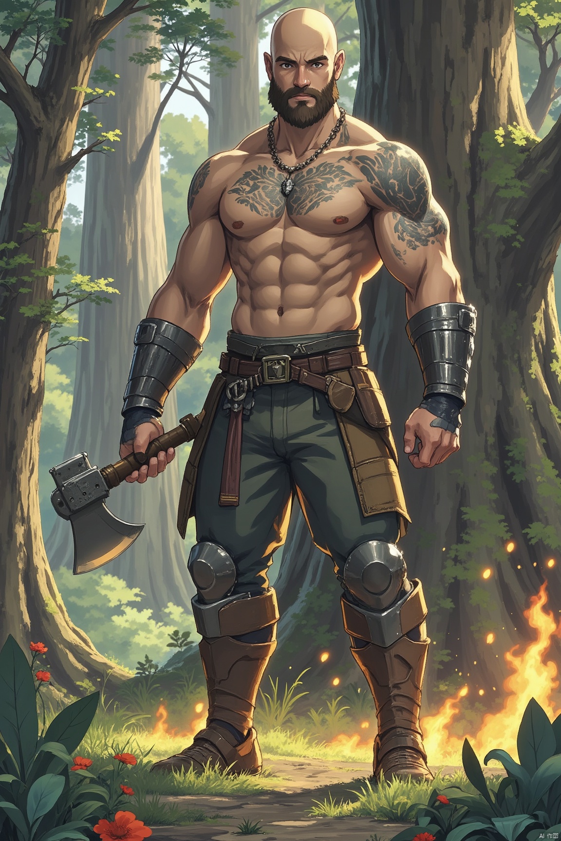 solo, 1boy, navel, holding, standing, weapon, male focus, outdoors, belt, holding weapon, armor, tree, tattoo, muscular, colored skin, facial hair, abs, fire, pectorals, muscular male, nature, beard, forest, axe, bald