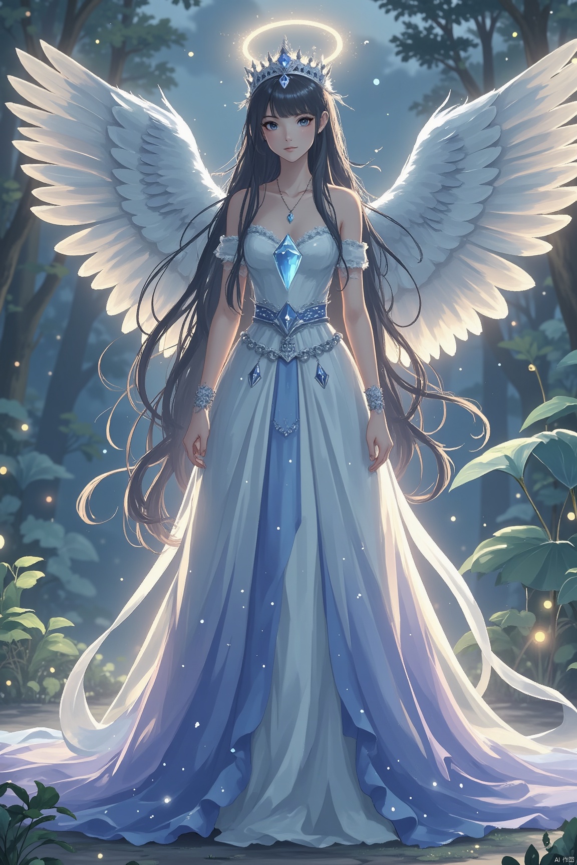 In a breathtaking composition, Lori stands tall in her majestic white and blue translucent crystal swan feather skirt, her petite frame adorned with an ethereal princess crown and halo. Her long, flowing hair cascades down her back like a river of moonlight. The camera frames her face, showcasing heterochromatic eyes, freckles, and a subtle smirk as she gazes directly at the audience. Tentacles, symbolizing her connection to the purple fire element, curl around her shoulders, while her long dress flows behind her like a misty veil. A crystal pendant glimmers on her chest, as angel wings stretch out from her back, illuminated by soft lightning. In this masterpiece, Lori exudes an air of celestial elegance, radiating an otherworldly beauty in high-definition glory.