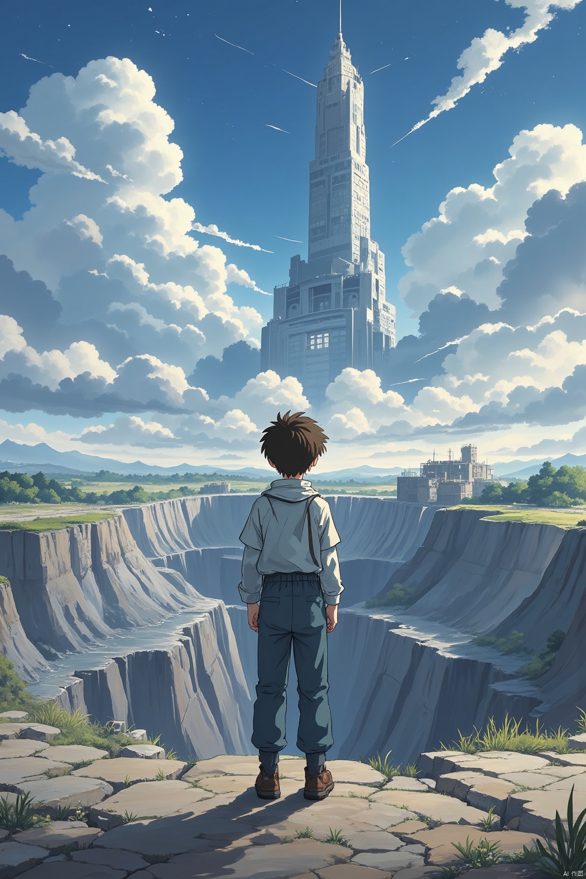 A young boy stands at the edge of a mine pit, looking up towards the celestial city in the sky. Clouds drift lazily across the blue heavens as he gazes out, his back to the camera, lost in thought. The mine pit's rugged terrain stretches out before him, fading into the distance.