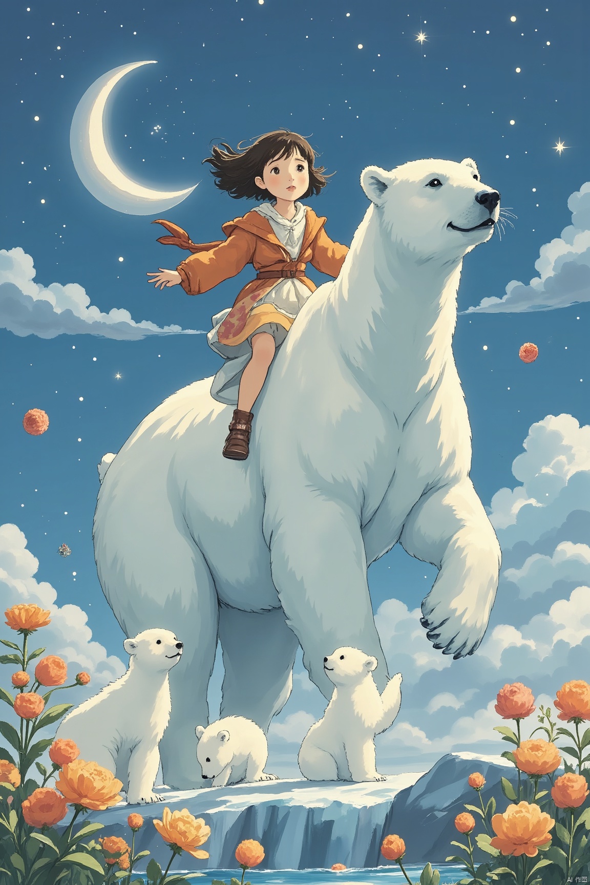 ,A little girl is flying on the back of an ice bear,surrounded by flowers and clouds in the blue sky at night,The polar bears surround her with their heads raised high,creating an oil painting illustration in the style of. It features orange accents against white backgrounds,showcasing charming characters. They wear light and create dreamy scenes,