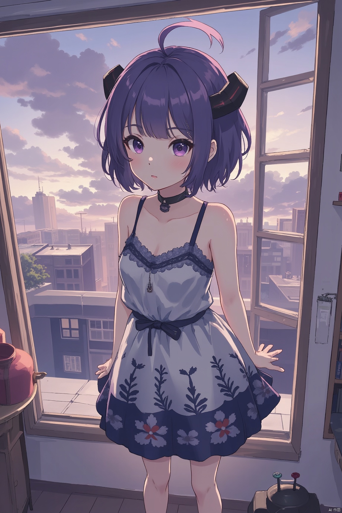 1girl, solo, breasts, looking at viewer, blush, short hair, bangs, dress, bare shoulders, closed mouth, standing, purple eyes, collarbone, purple hair, sweat, small breasts, horns, sky, sleeveless, choker, cloud, indoors, bare arms, dutch angle, window, sleeveless dress, feet out of frame, black choker, building, sunset, spaghetti strap, print dress