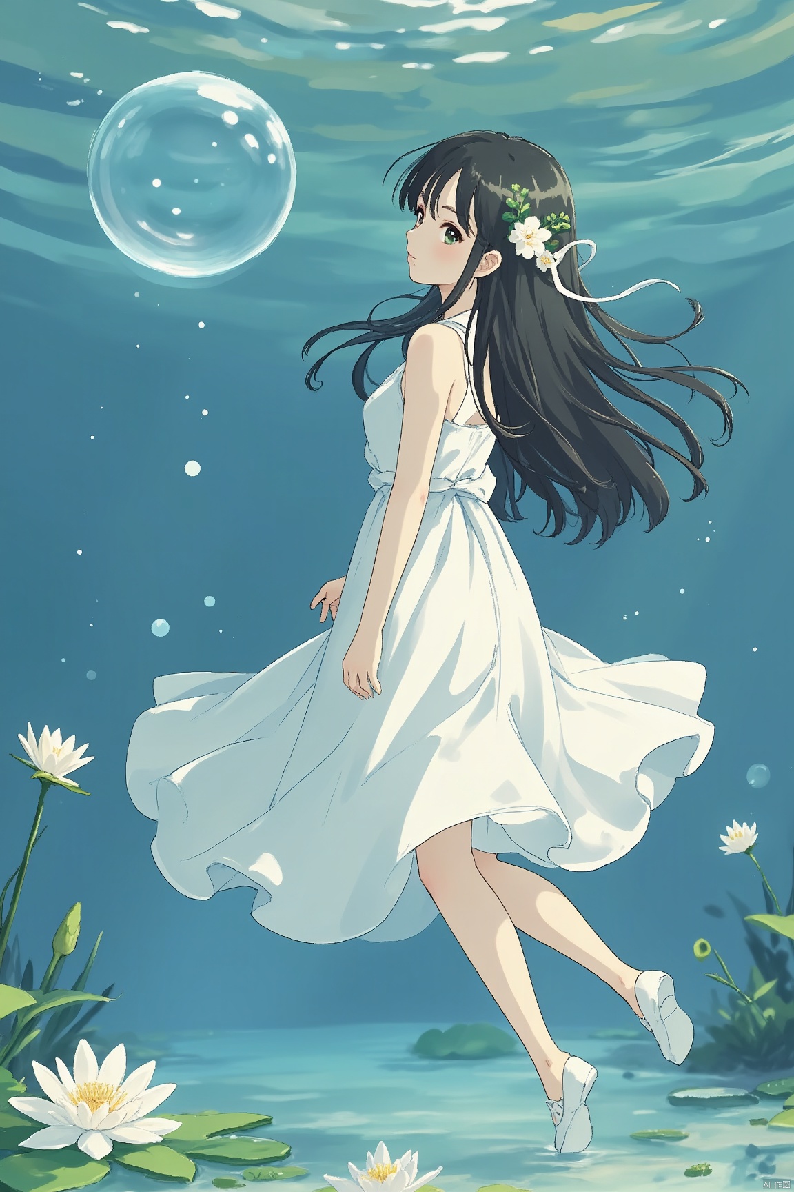 1girl, solo, long hair, breasts, looking at viewer, black hair, dress, bare shoulders, flower, small breasts, parted lips, sleeveless, looking back, artist name, water, white dress, from side, lips, bare arms, sleeveless dress, bubble, water drop, underwater, air bubble, lily pad