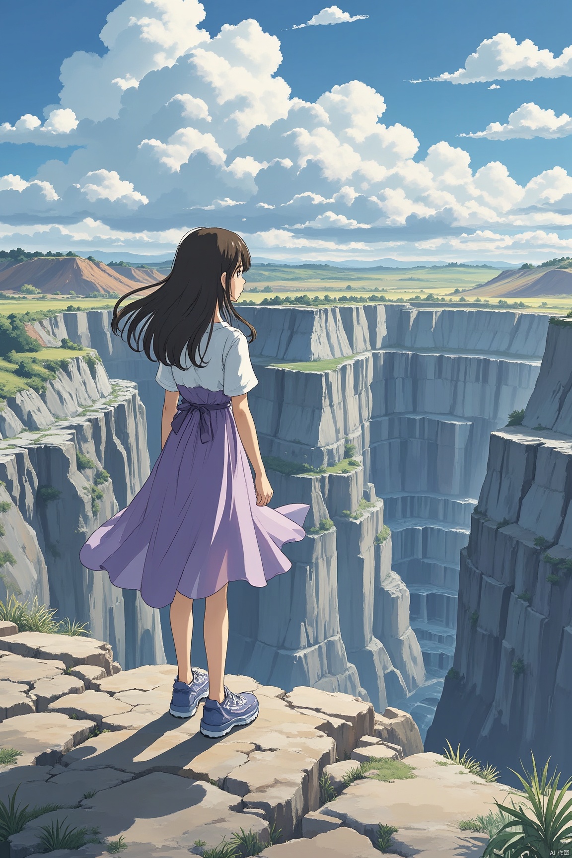 A girl in a purple, translucent dress stood on the edge of the mine, the breeze blowing his long hair, looking down into the bottomless pit. The clouds drifted lazily across the blue sky, their backs to the camera, lost in thought. The cratered terrain spread out before him and faded into the distance.