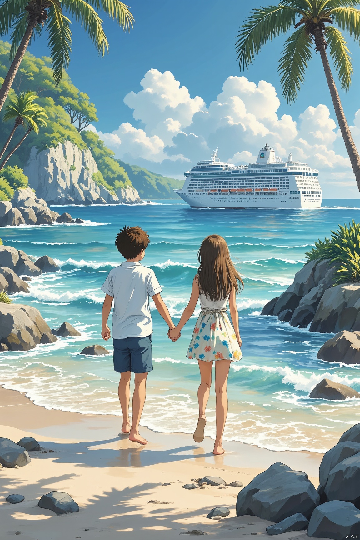 A young boy and girl stroll hand in hand on the sun-kissed beach, surrounded by an array of colorful beachwear. The turquoise sea laps gently at their feet, while a brilliant blue sky stretches out above. Palm trees sway lazily in the breeze, and weathered rocks dot the shoreline. A distant cruise ship glides across the waves, its wake rippling the surface of the water as the happy couple takes in the breathtaking scenery.