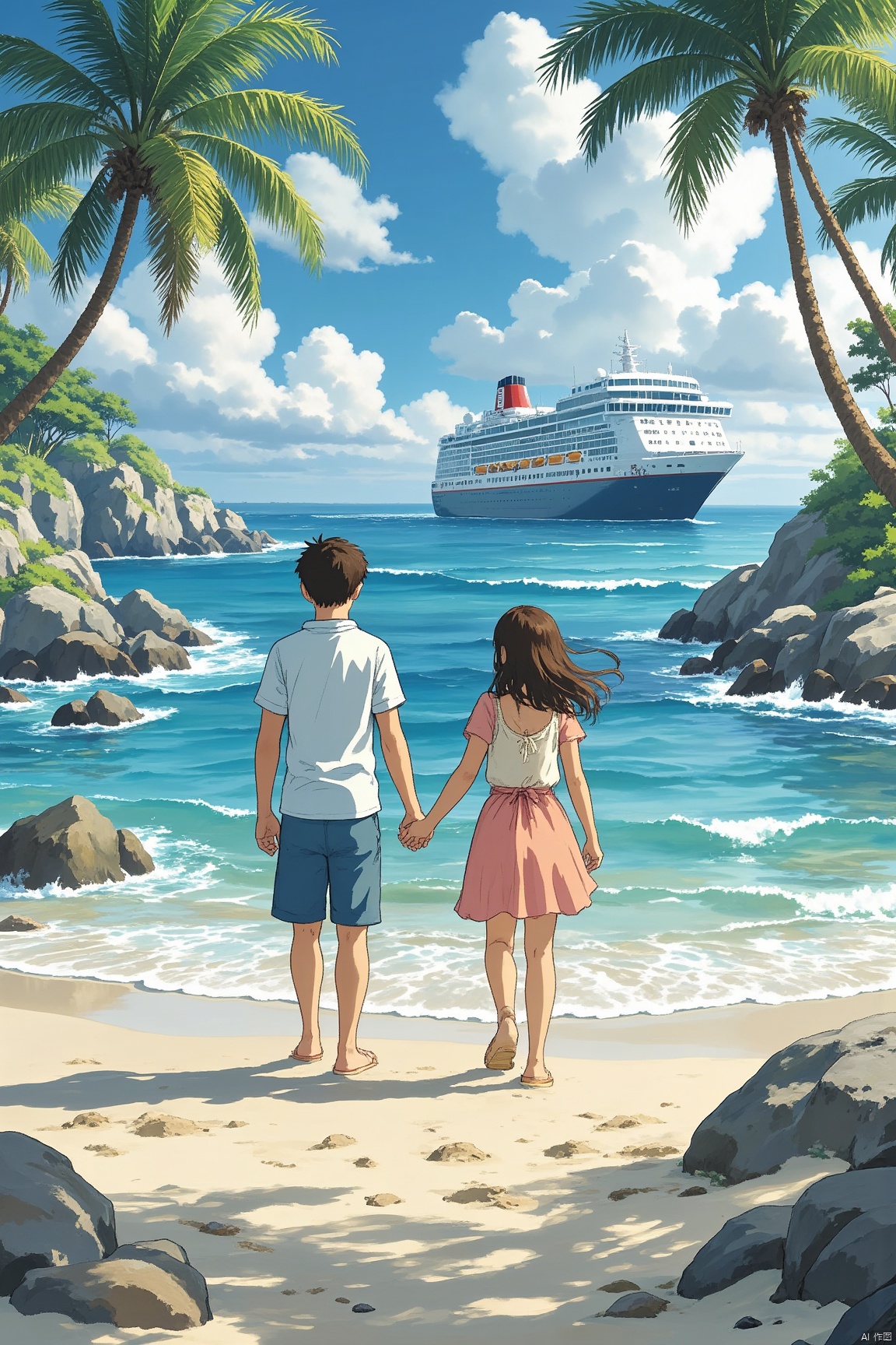 A young boy and girl stroll hand in hand on the sun-kissed beach, surrounded by an array of colorful beachwear. The turquoise sea laps gently at their feet, while a brilliant blue sky stretches out above. Palm trees sway lazily in the breeze, and weathered rocks dot the shoreline. A distant cruise ship glides across the waves, its wake rippling the surface of the water as the happy couple takes in the breathtaking scenery.