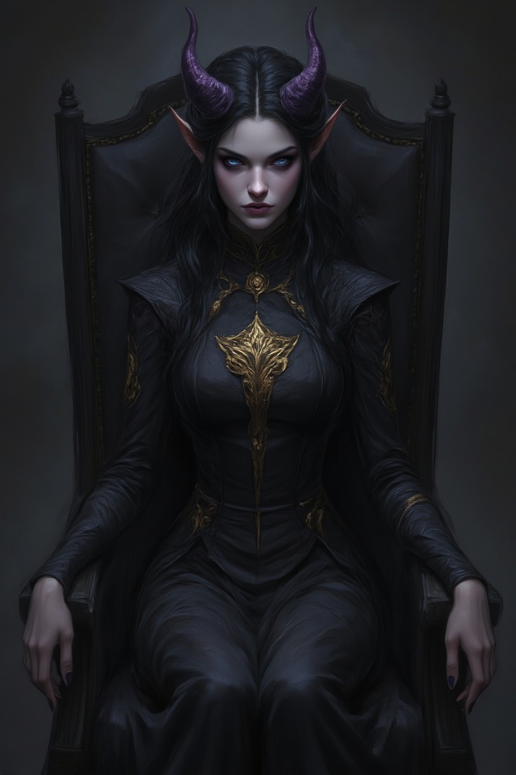 An image of a woman sitting on a chair. The woman is wearing a black dress with a golden emblem on the front of it. She has long black hair that is styled in a devil's head. Her eyes are blue and purple. Her hair is long and wavy. Her arms are draped over her shoulders. Her legs are crossed in front of her. Her hands are on either side of her body. The chair she is sitting on is black.,Fantasy drawing