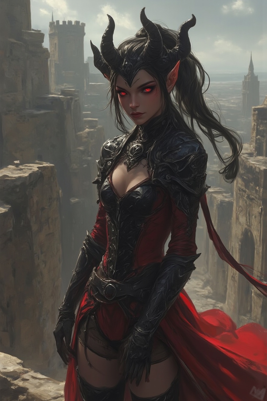 score_9, score_8_up, 1girl,solo , girl\(*****),ponytail hair, long hair, black hair, red eyes, demon horns, demon girl\),clothes\(gothic armor dress, underwear\), outdoor,ancient city,(boot), looking at viewer,Side view,View from above, mood\(,Ecstatic, relaxed\),Fantasy drawing