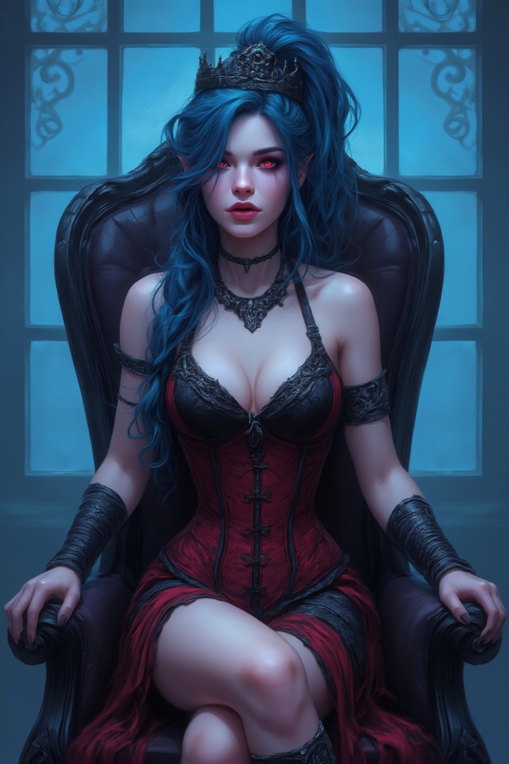 A woman with long blue hair and a crown on her head. She is wearing a black bra and a red corset. Her hair is pulled back in a ponytail. Her eyes are red and her mouth is open. She has a black necklace around her neck. The woman is sitting on a black chair with her legs crossed. Her arms are bent at her sides and her hands are resting on the sides of the chair. Behind her is a blue wall with a window that has white designs on it,Fantasy drawing