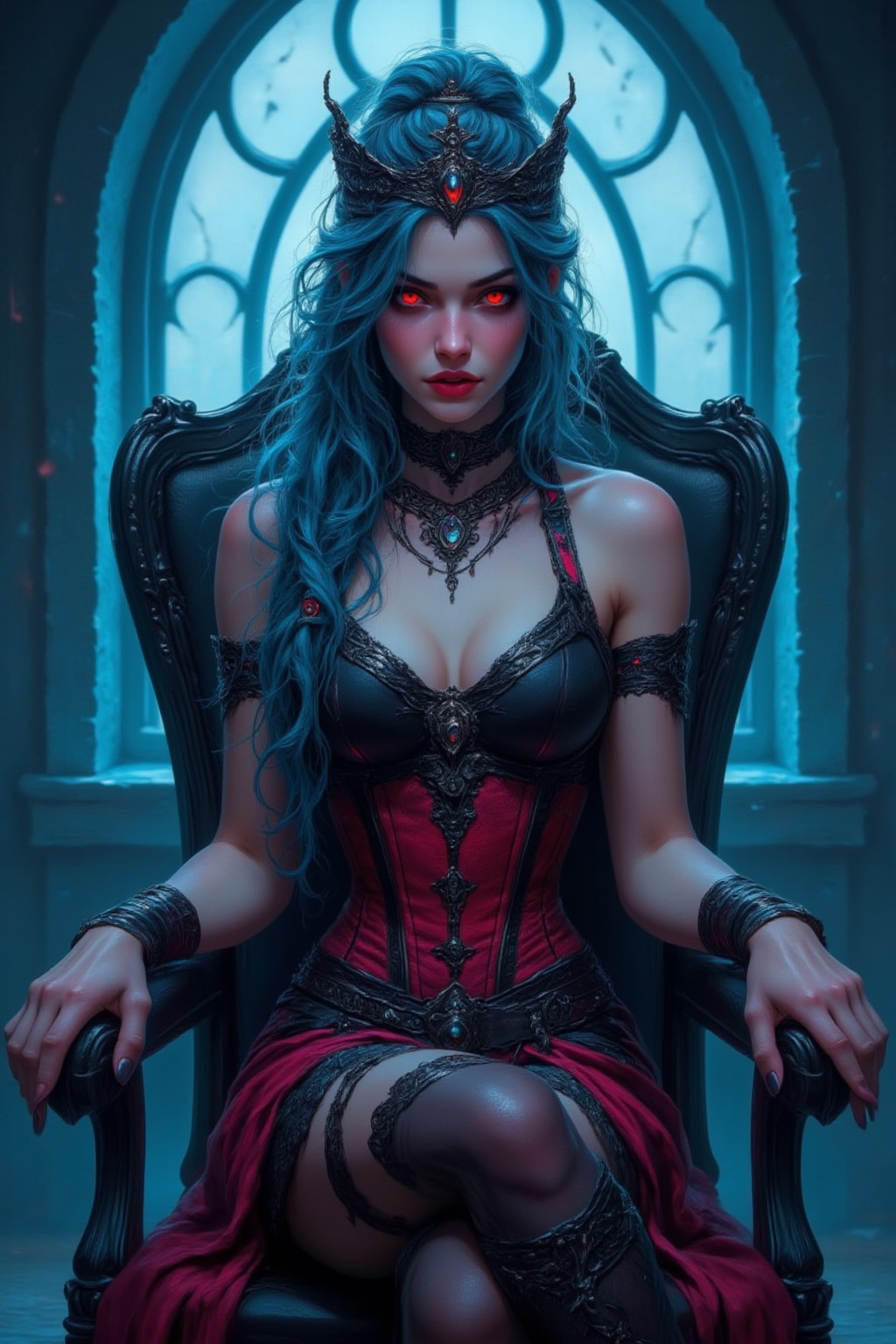 A woman with long blue hair and a crown on her head. She is wearing a black bra and a red corset. Her hair is pulled back in a ponytail. Her eyes are red and her mouth is open. She has a black necklace around her neck. The woman is sitting on a black chair with her legs crossed. Her arms are bent at her sides and her hands are resting on the sides of the chair. Behind her is a blue wall with a window that has white designs on it,Fantasy drawing