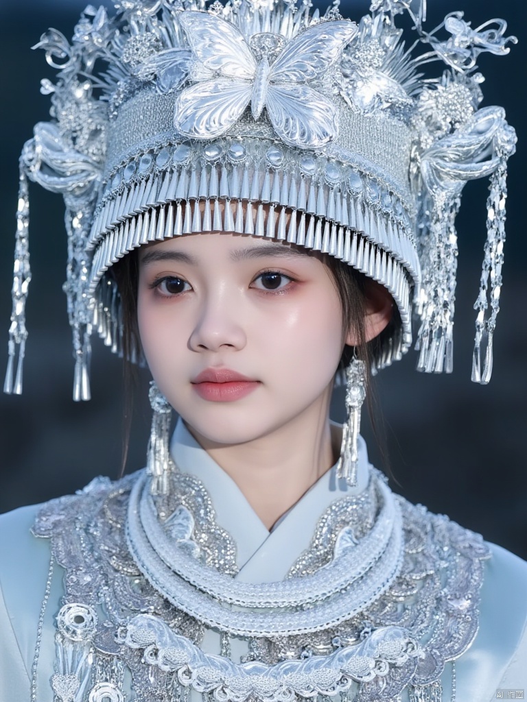 A young girl wearing a silver Miao ethnic headdress,A close-up shot of a woman wearing a silver headdress adorned with silver beads and tassels. The woman's headdress is adorned with a large silver butterfly, adding a touch of sparkle to her outfit. The background is blurred, creating a stark contrast to the woman's outfit.