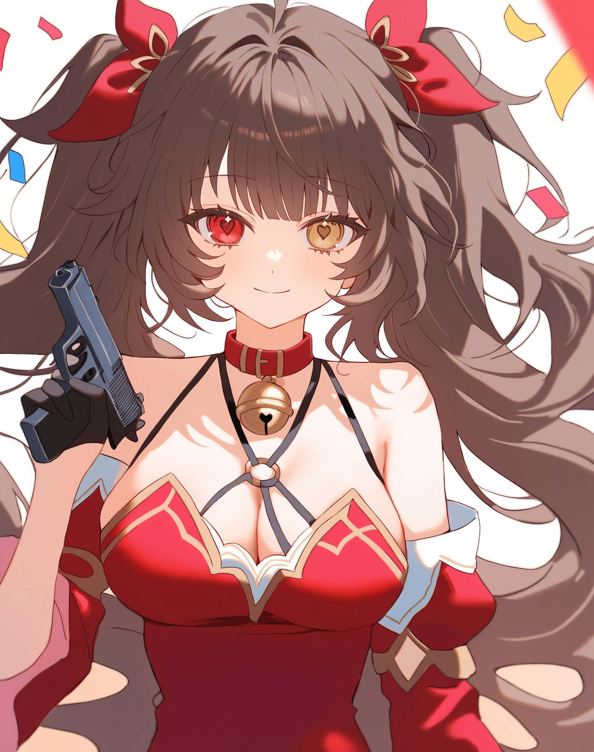 high quality,yt pongop,1girl,weapon,gun,holding,holding weapon,breasts,bell,solo,holding gun,gloves,twintails,smile,red eyes,red dress,neck bell,long hair,black gloves,bare shoulders,detached sleeves,dress,looking at viewer,brown hair,cleavage,upper body,handgun,choker,red choker,confetti,heterochromia,jingle bell,medium breasts,symbol-shaped pupils,ribbon,tattoo,o-ring,halterneck,red sleeves,virtual youtuber,gun to head,