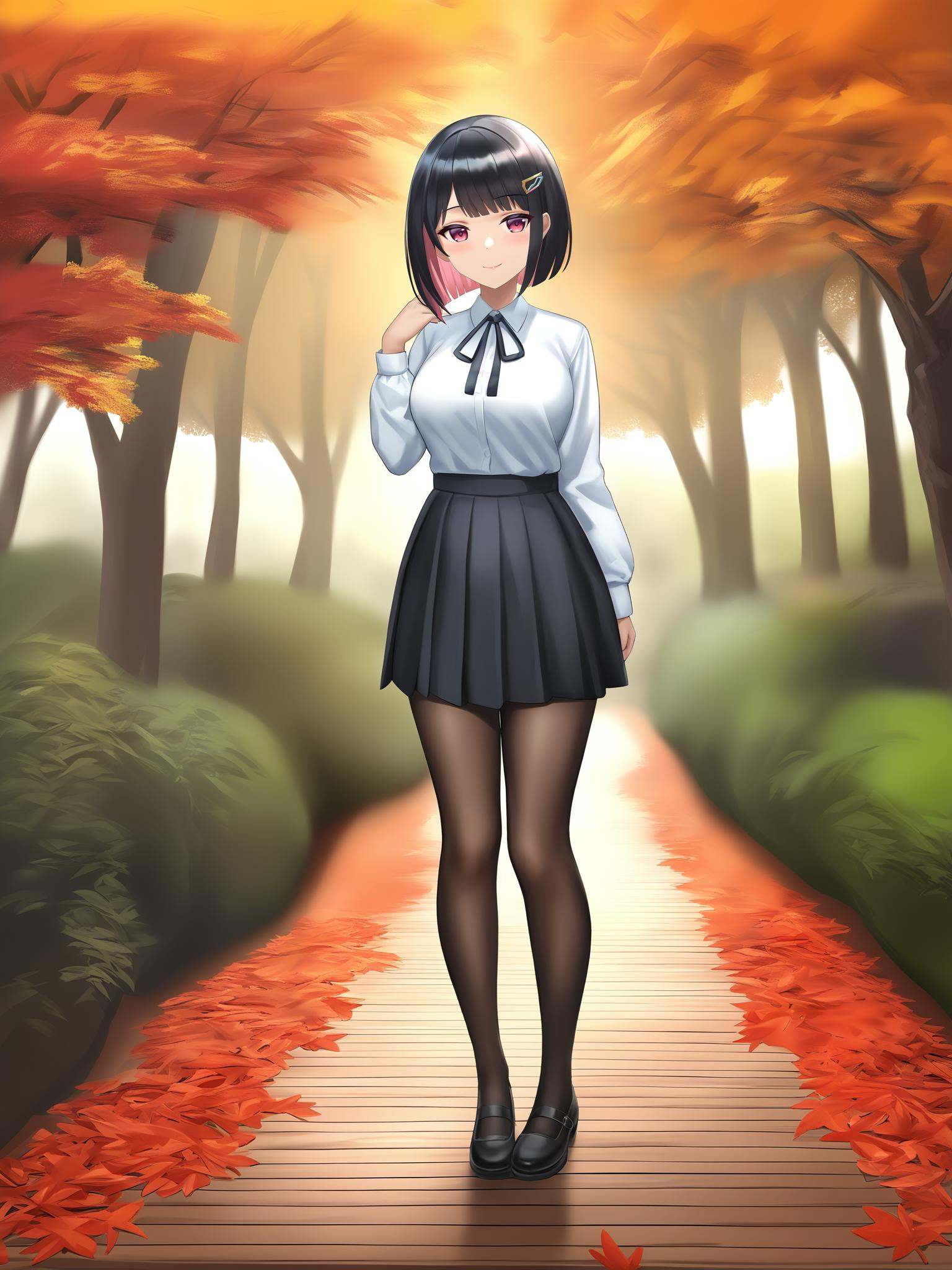 artist:toinor,1girl,skirt,solo,pantyhose,shirt,full body,black hair,white shirt,black footwear,pleated skirt,black skirt,short hair,smile,black pantyhose,shoes,hair ornament,colored inner hair,long sleeves,looking at viewer,collared shirt,multicolored hair,hairclip,standing,closed mouth,shirt tucked in,breasts,pink hair,mary janes,ribbon,bob cut,school uniform,simple background,hand up,two-tone hair,neck ribbon,black ribbon,pink eyes,(autumn maple forest:1.3),(very few fallen leaves),(path),