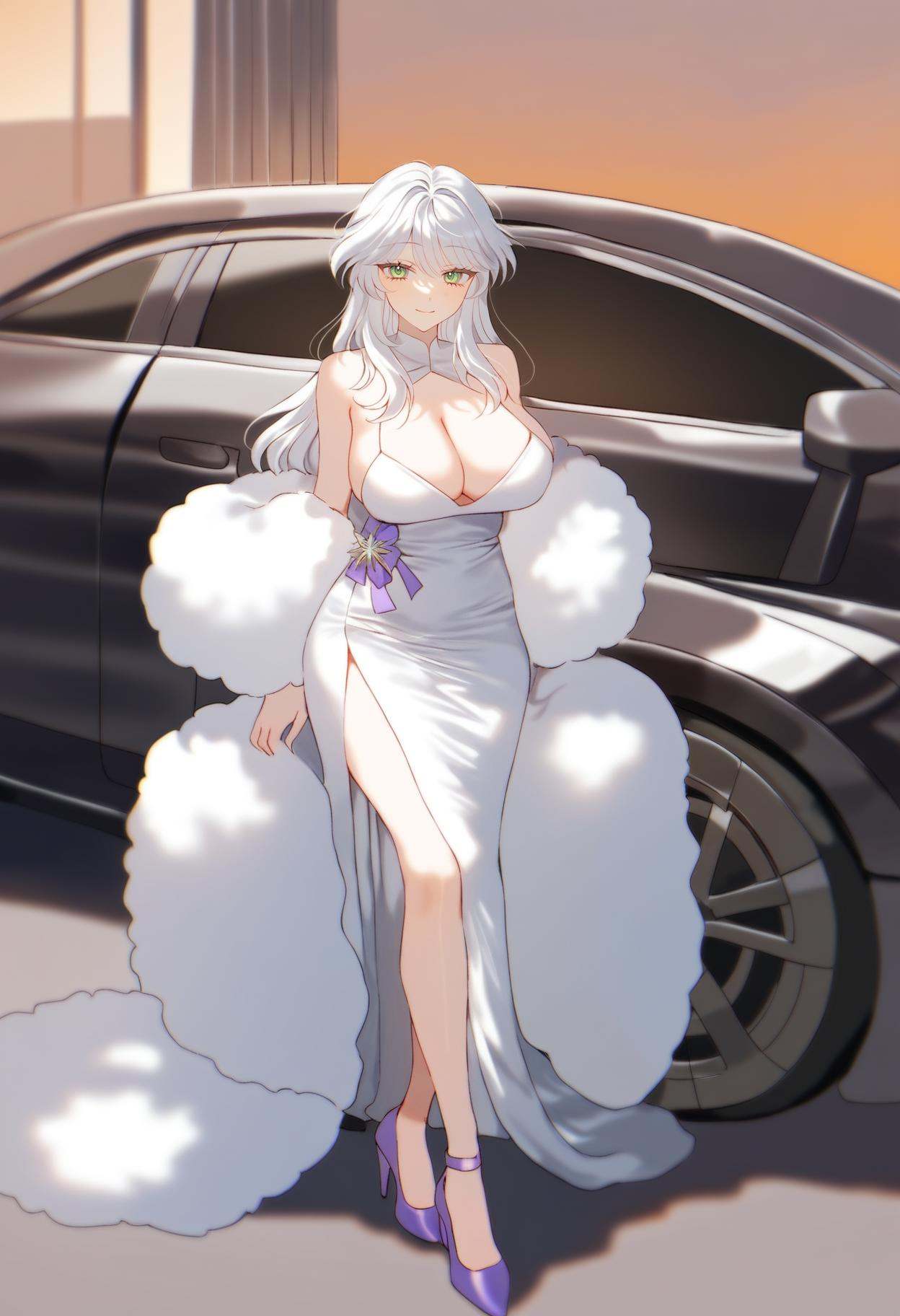 (yt pongop:1.2),1girl,solo,long hair,breasts,looking at viewer,smile,bangs,large breasts,dress,cleavage,bare shoulders,green eyes,full body,white hair,white dress,high heels,official alternate costume,ground vehicle,motor vehicle,car,purple footwear,feather boa,, masterpiece, best quality, masterpiece, best quality