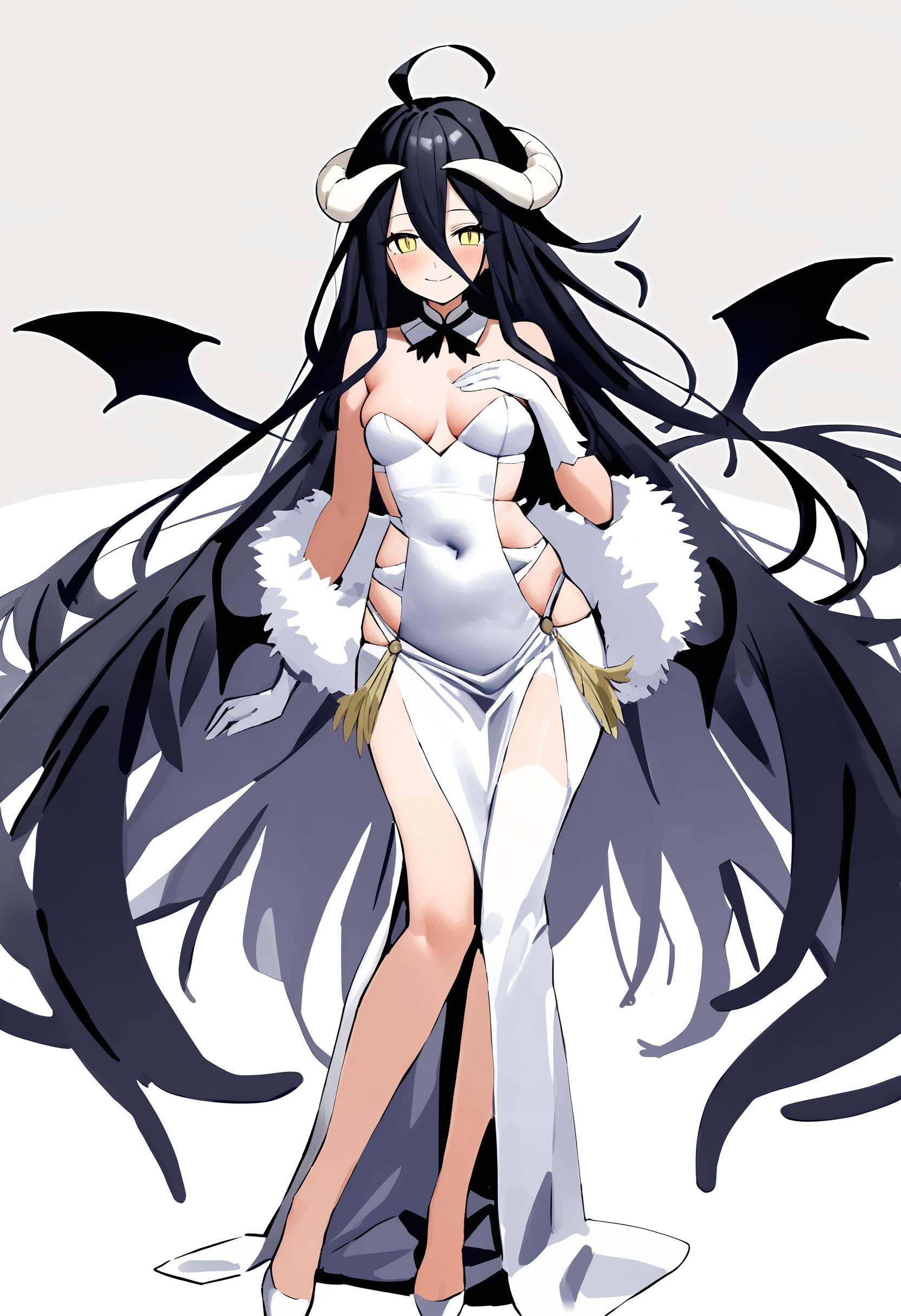 artist:fungi,albedo (overlord),1girl,solo,wings,horns,long hair,gloves,dress,white gloves,hip vent,black wings,white dress,yellow eyes,full body,looking at viewer,low wings,feathered wings,black hair,demon horns,hair between eyes,white background,bare shoulders,covered navel,simple background,detached collar,demon girl,hand on own chest,smile,ahoge,blush,standing,closed mouth,white horns,feathers,very long hair,long dress,demon wings,bare hips,slit pupils,