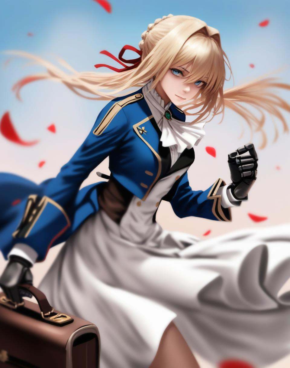 [yt wlopyhu],Realistic,blurry,1girl,solo,long hair,looking at viewer,bangs,blue eyes,blonde hair,gloves,long sleeves,dress,ribbon,hair between eyes,jewelry,closed mouth,standing,jacket,hair ribbon,braid,from side,red ribbon,petals,ascot,hair intakes,blue jacket,brooch,wind,suitcase,mechanical hands,violet evergarden,