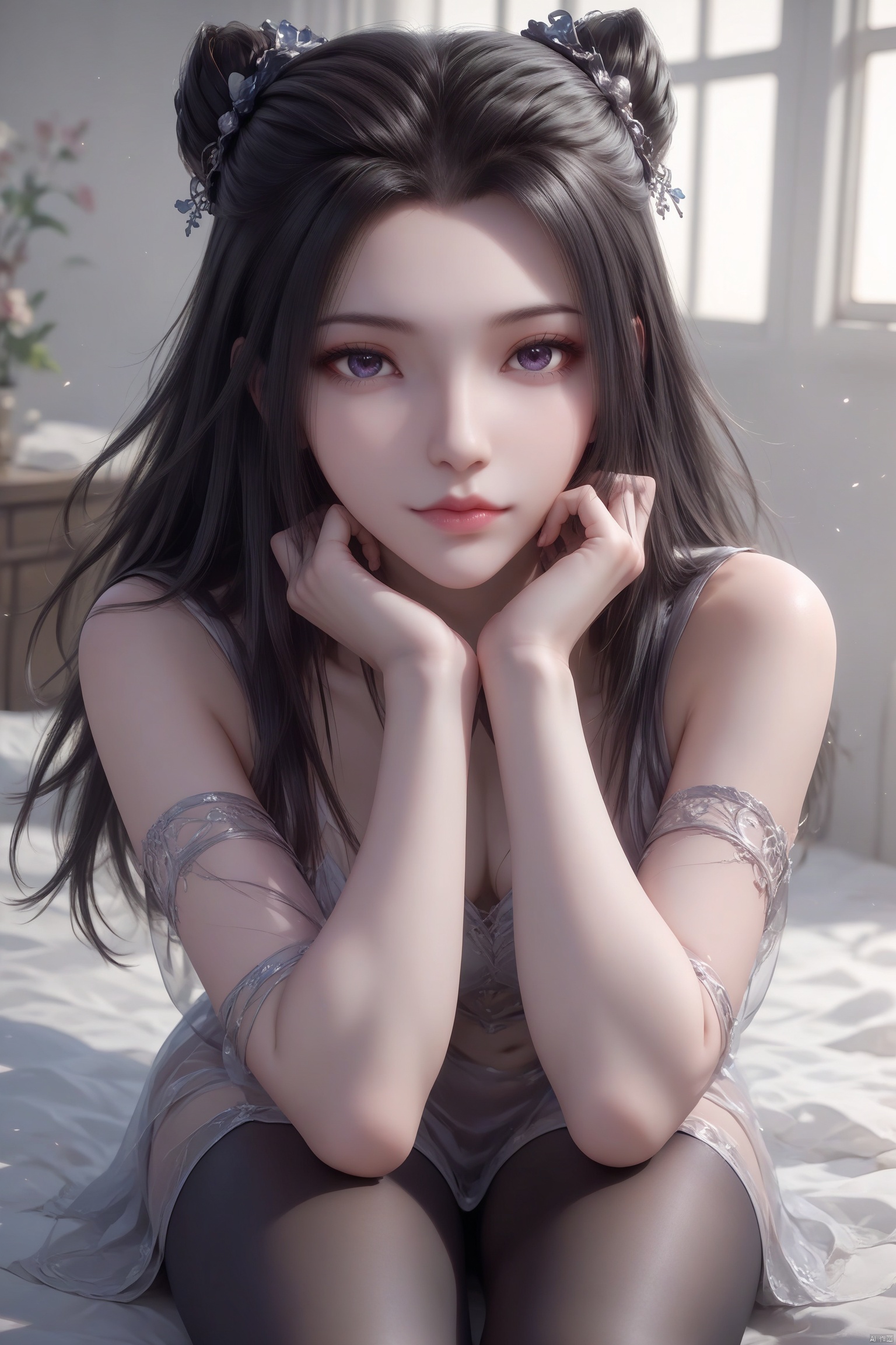 score_9,score_8_up,score_7_up,source_anime,1girl, solo, looking at viewer, black hair,hair ornament, closed mouth,black tights,zhuzhuqing