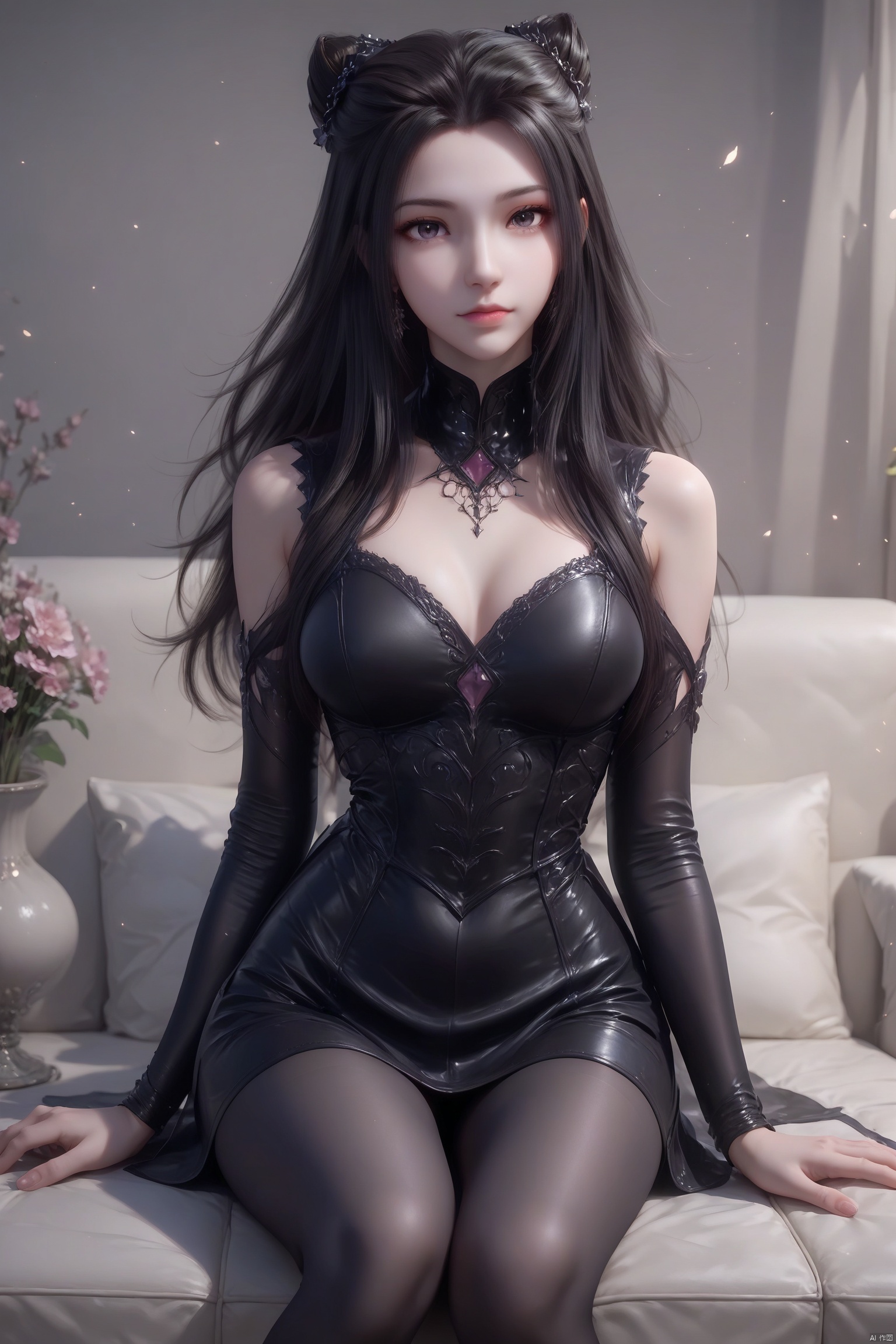 score_9,score_8_up,score_7_up,source_anime,1girl, solo, looking at viewer, black hair,hair ornament, closed mouth,black tights,zhuzhuqing