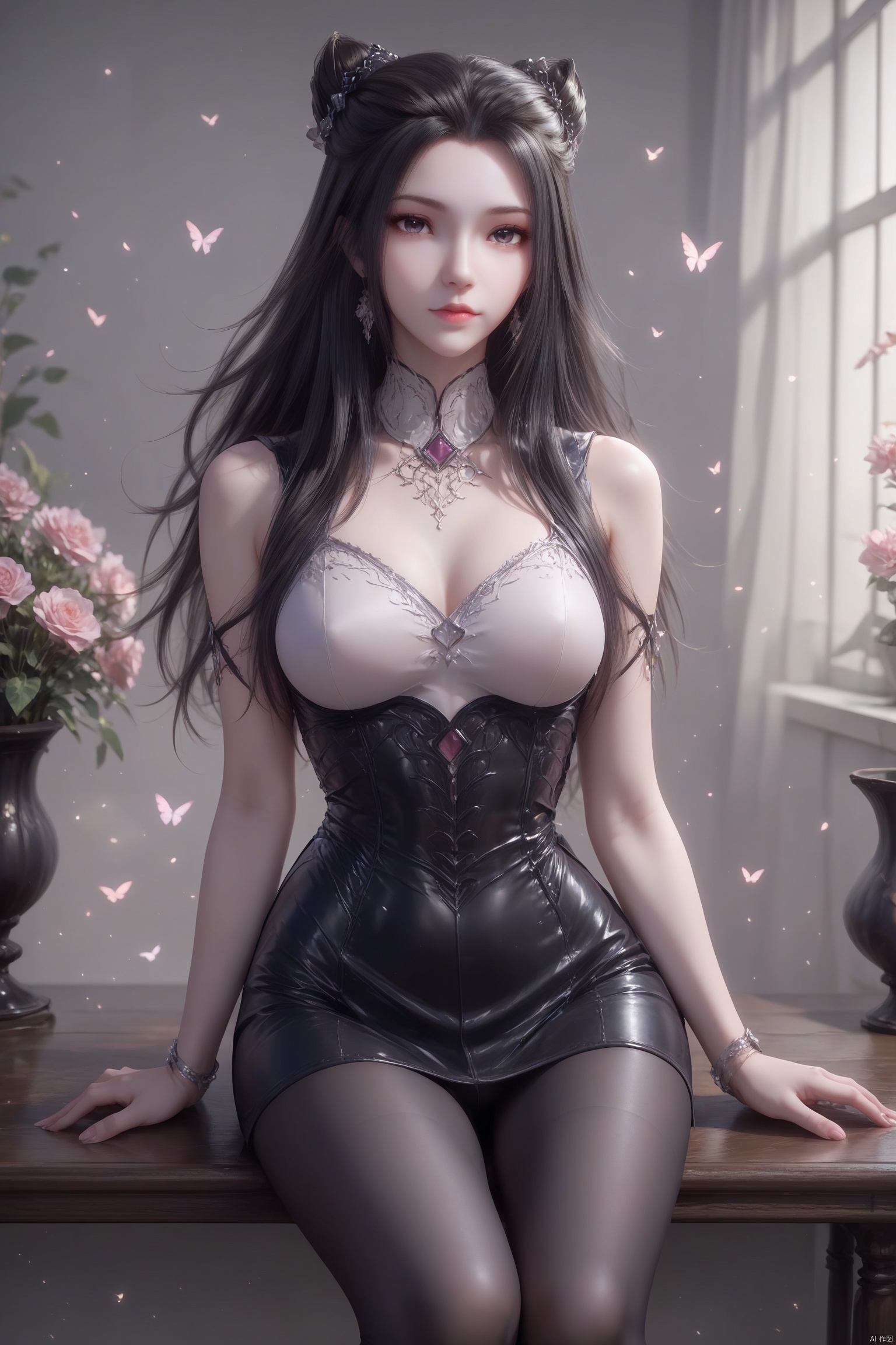 score_9,score_8_up,score_7_up,source_anime,1girl, solo, looking at viewer, black hair,hair ornament, closed mouth,black tights,zhuzhuqing