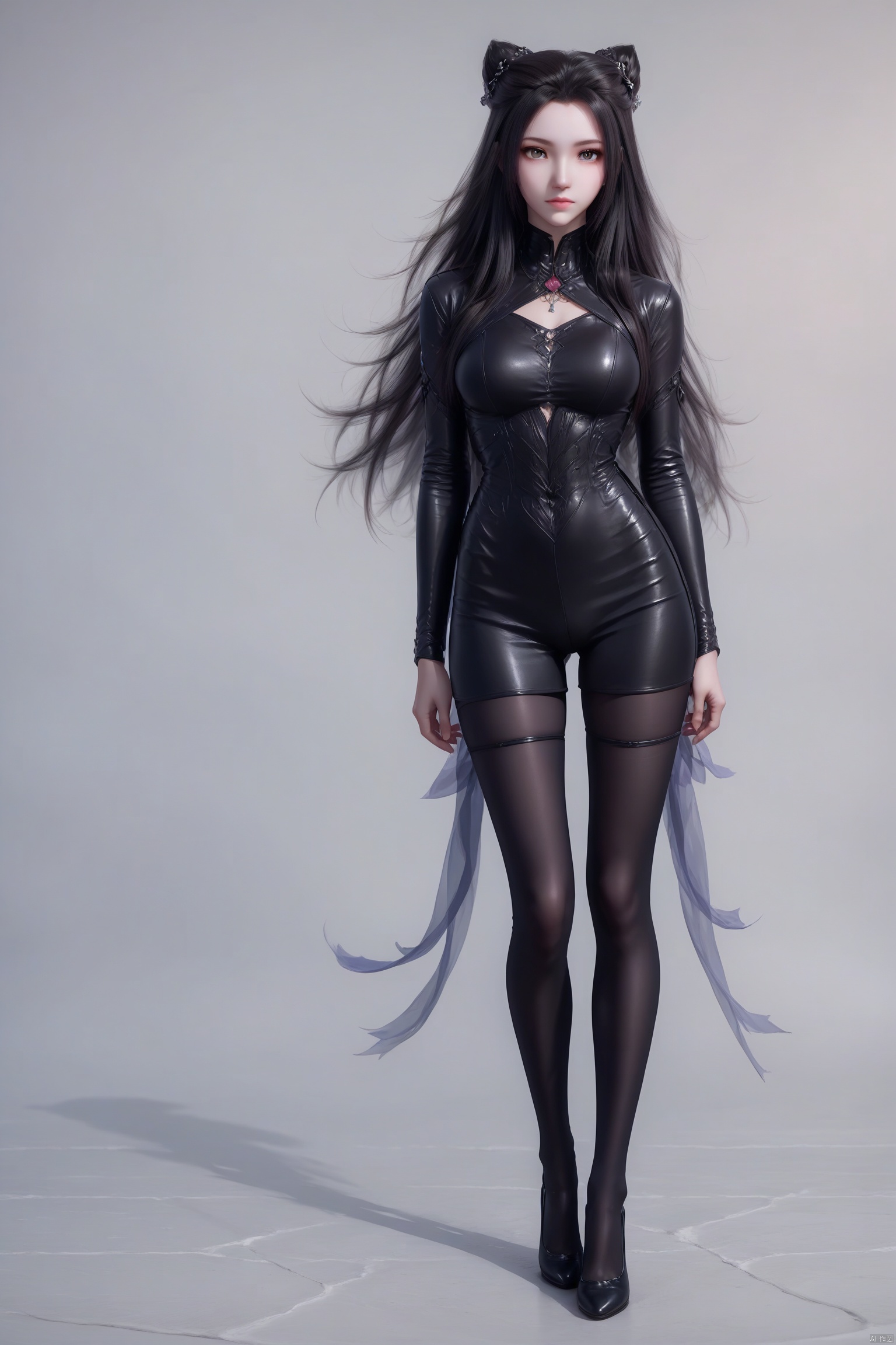 score_9,score_8_up,score_7_up,source_anime,1girl, solo, looking at viewer, black hair,hair ornament, closed mouth,black tights,full body,standing,zhuzhuqing