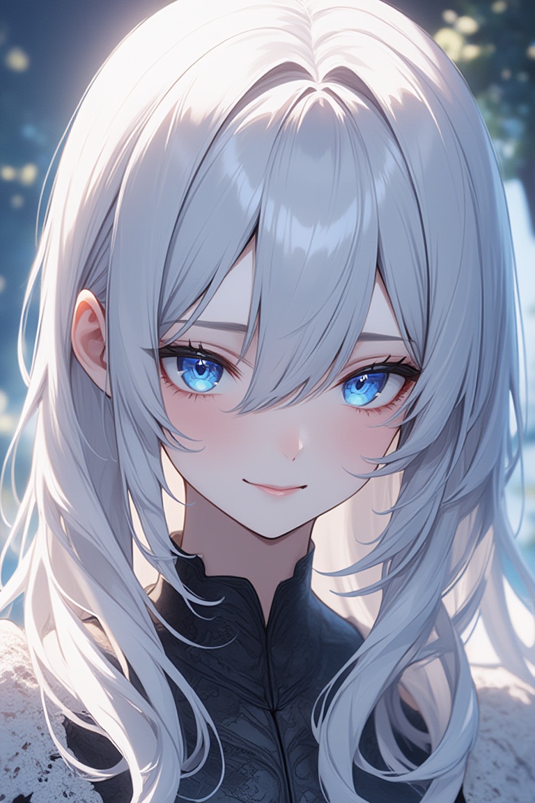 A close-up shot of a girl with striking features: porcelain skin,  piercing blue eyes,  and vibrant white hair that falls...