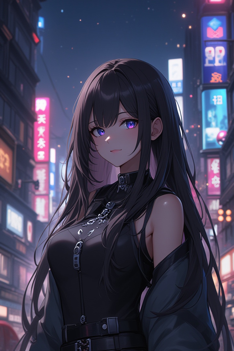 A portrait of a girl with long hair,  standing still and directly engaging the viewer's gaze. She possesses a cybernetic,...