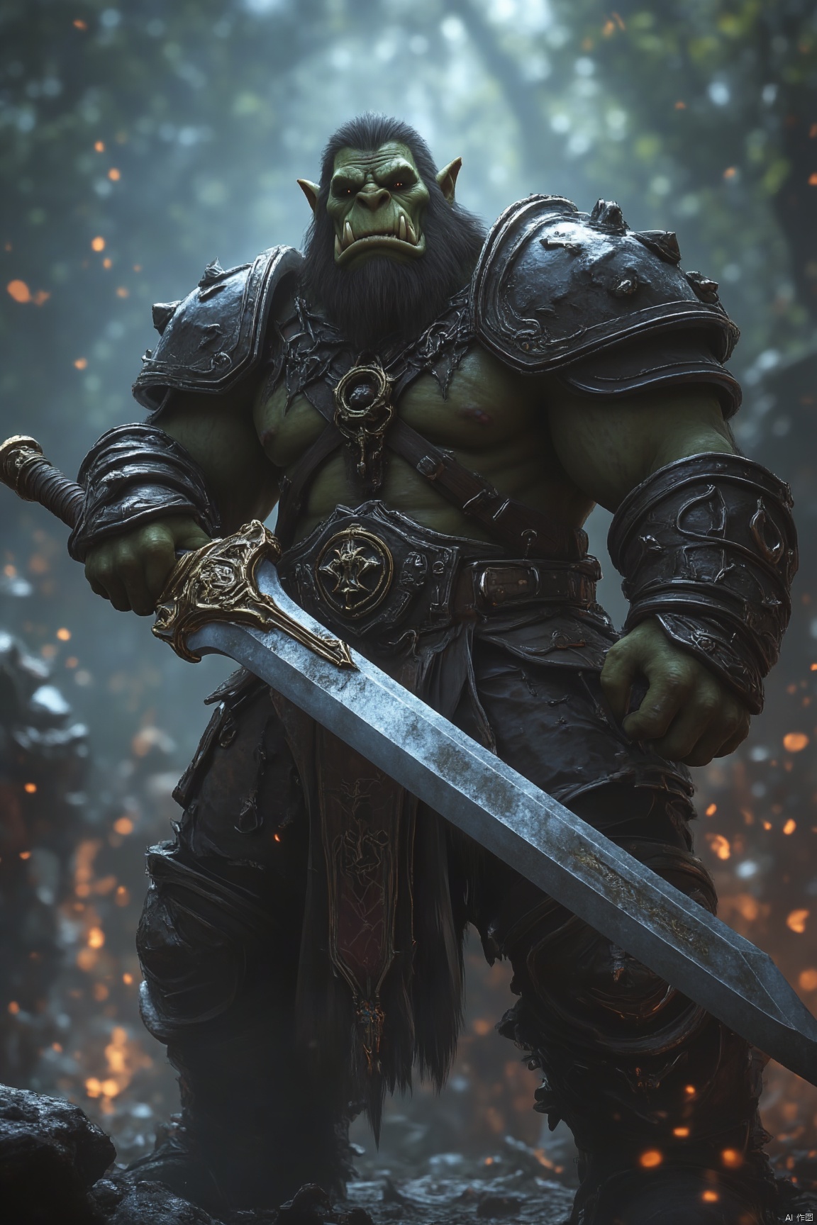 World of Warcraft, orcs, warriors, great swords, cg rendering, movie lighting,全身照,