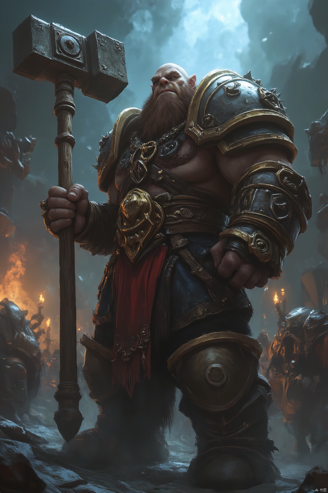 World of Warcraft, dwarf, warrior, giant hammer, burly, movie lighting, full body armor, full head armor