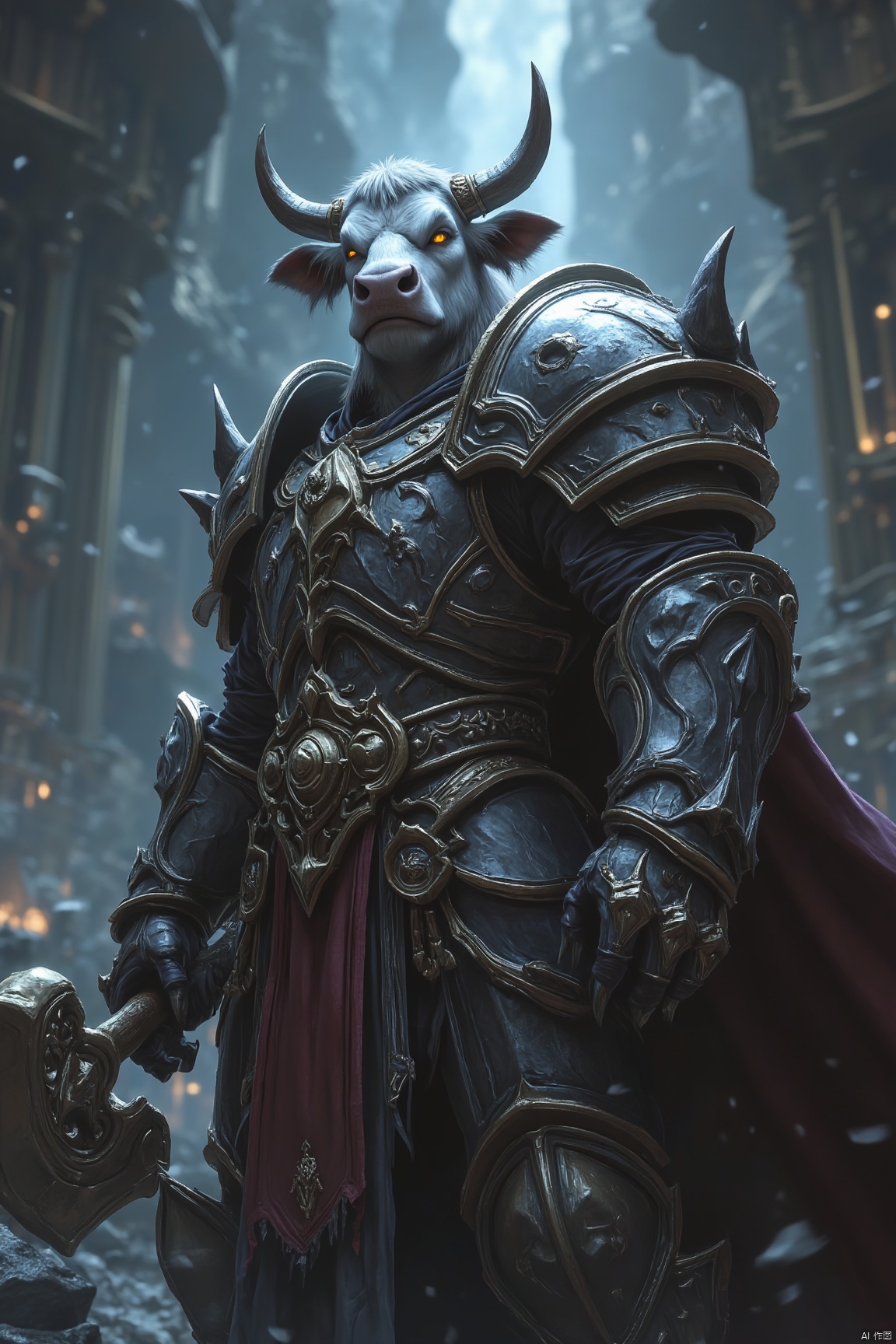 (cow's head), human body, warrior, silver armor, World of Warcraft "real"