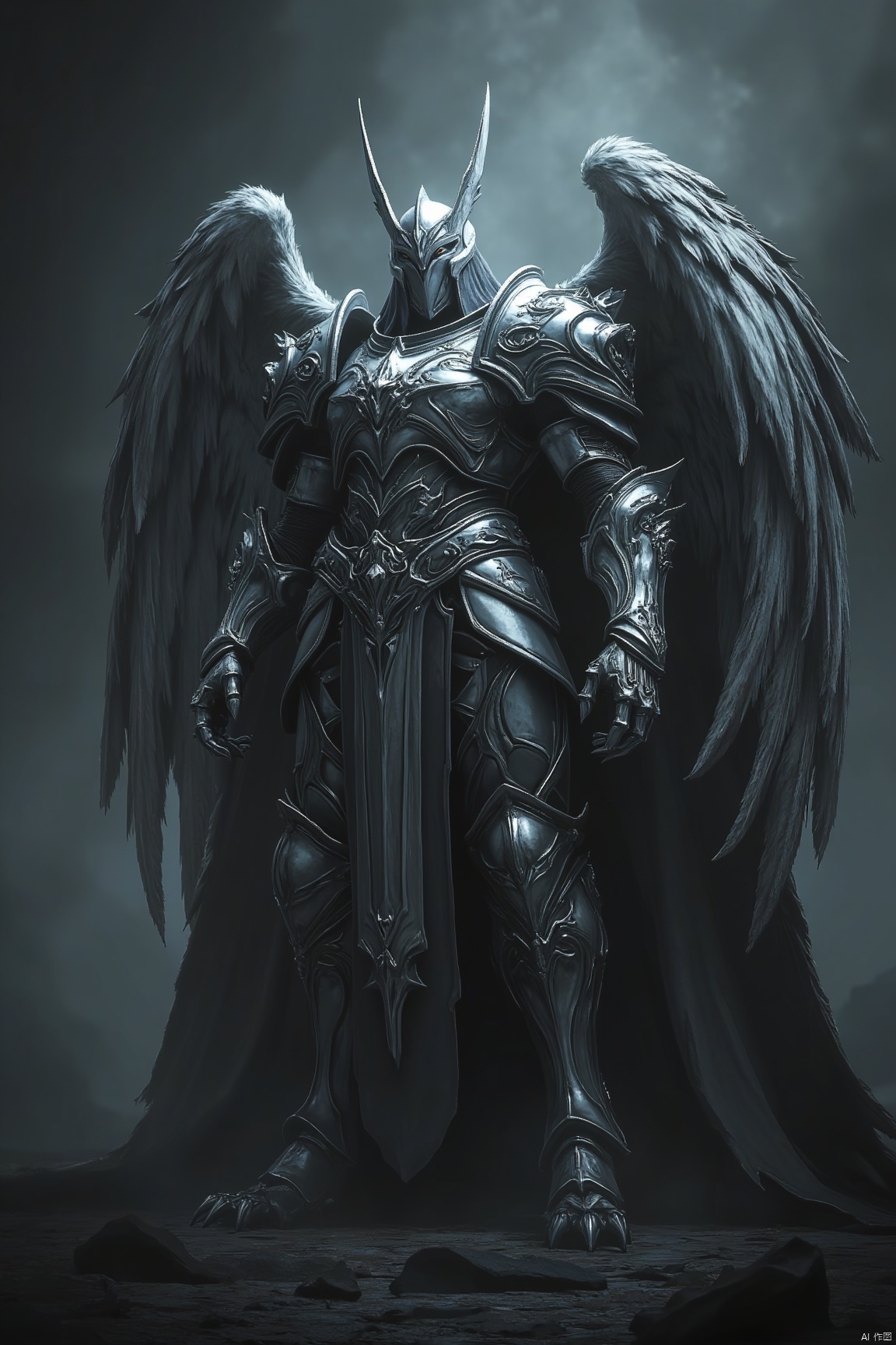 A majestic silver warrior stands tall, donning a gleaming helmet adorned with intricate designs. Winged extensions sprout from their shoulders, shimmering in harmony with their metallic armor. The subtle curves of the armor plate accentuate the warrior's defined physique, as they pose triumphantly against a dark, misty backdrop, their wings spread wide in a powerful gesture.