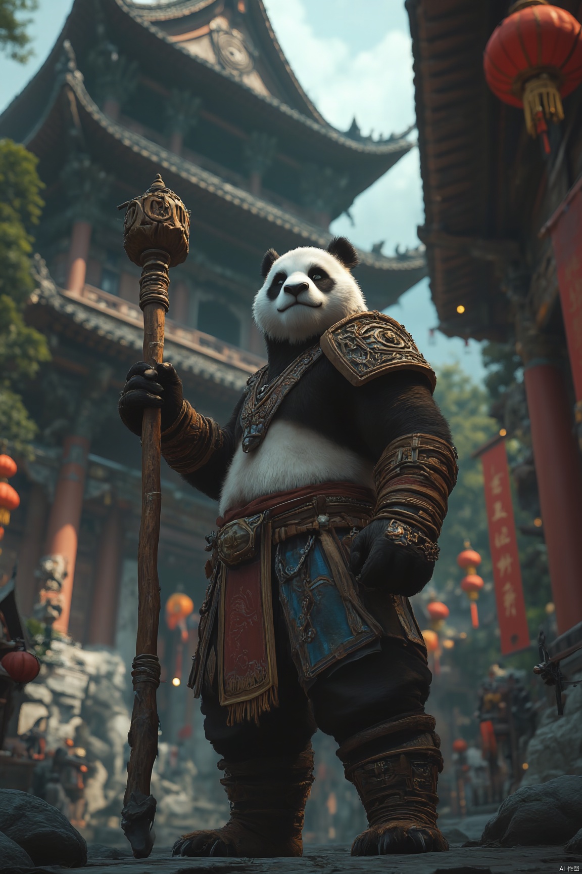 Panda man holding a stick, ancient building, realistic, cg rendering, movie lighting