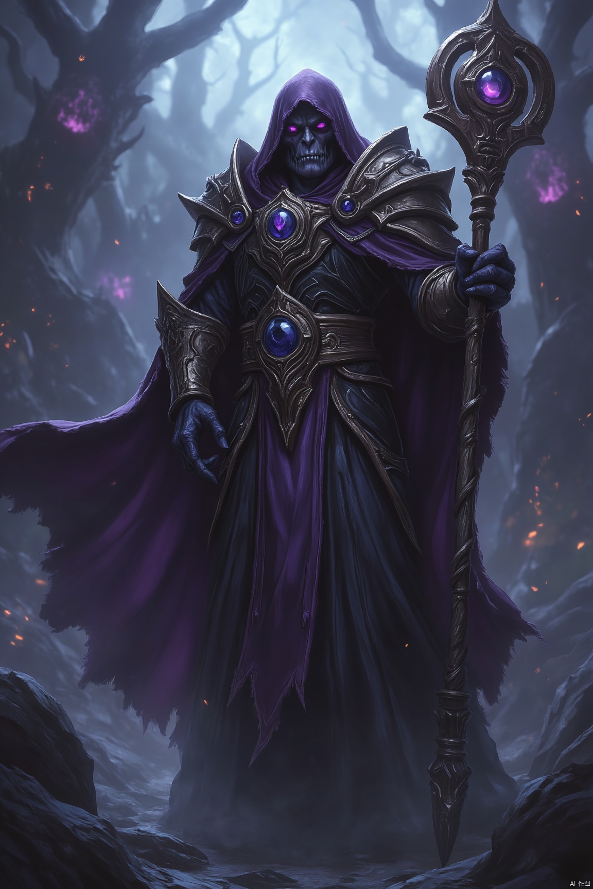 undead, staff, purple, cloak, cg, world of warcraft
