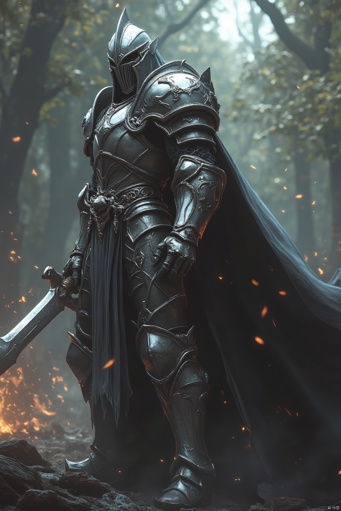 A warrior in silver armor,
