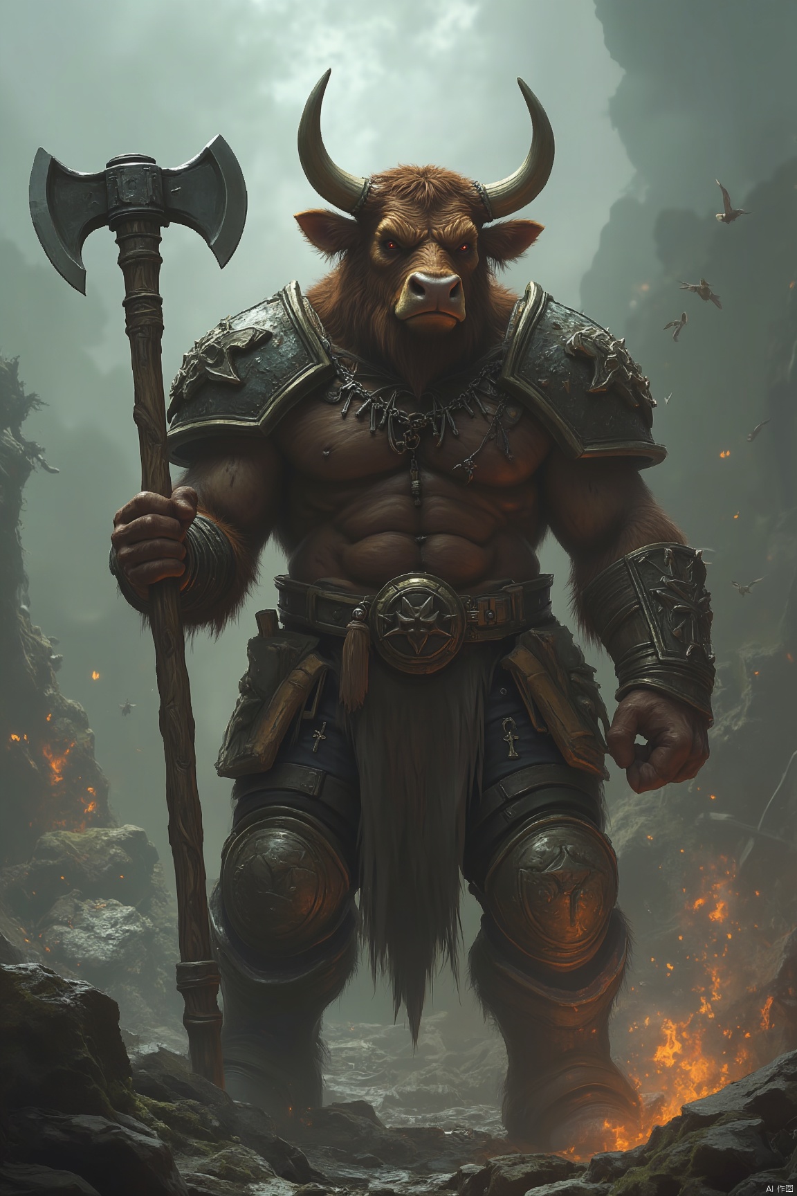 Ox head, human body, giant axe,