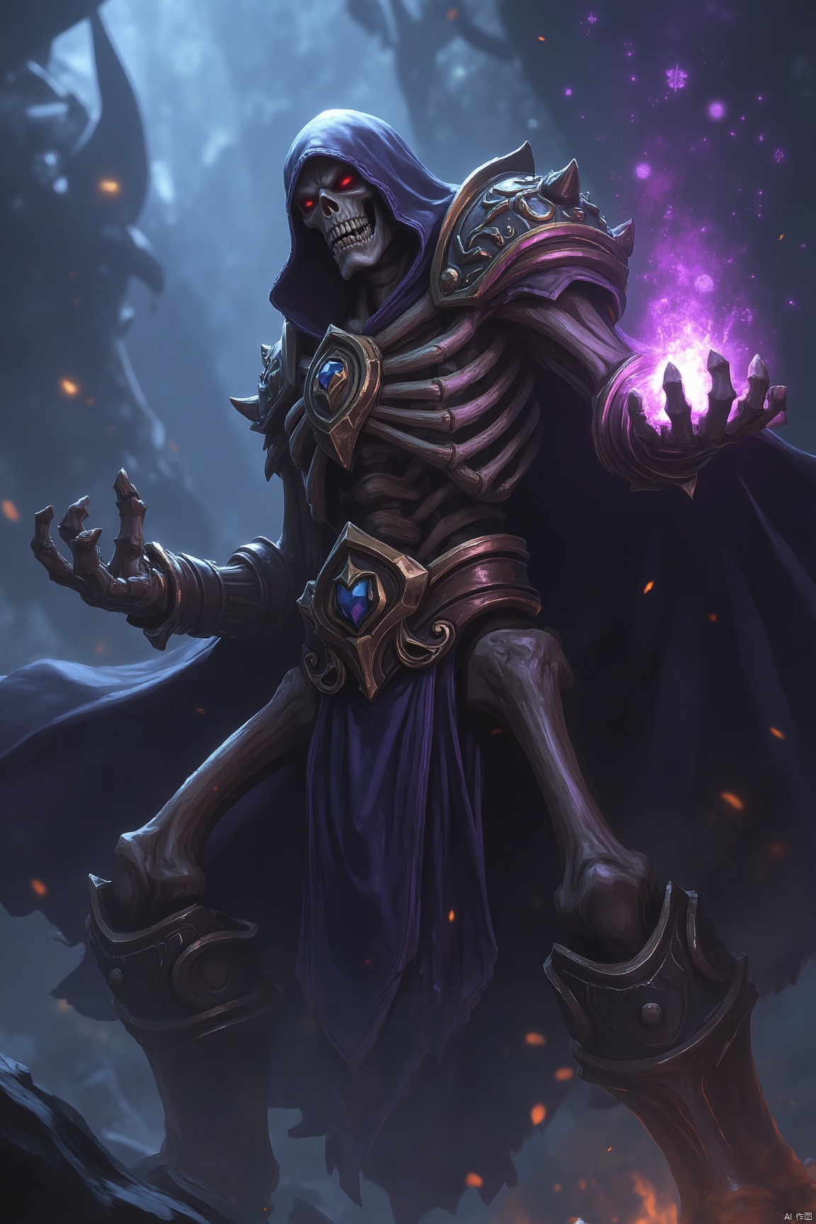 skeleton, skeleton, glowing skull, mage, cloak, cg rendering, world of warcraft