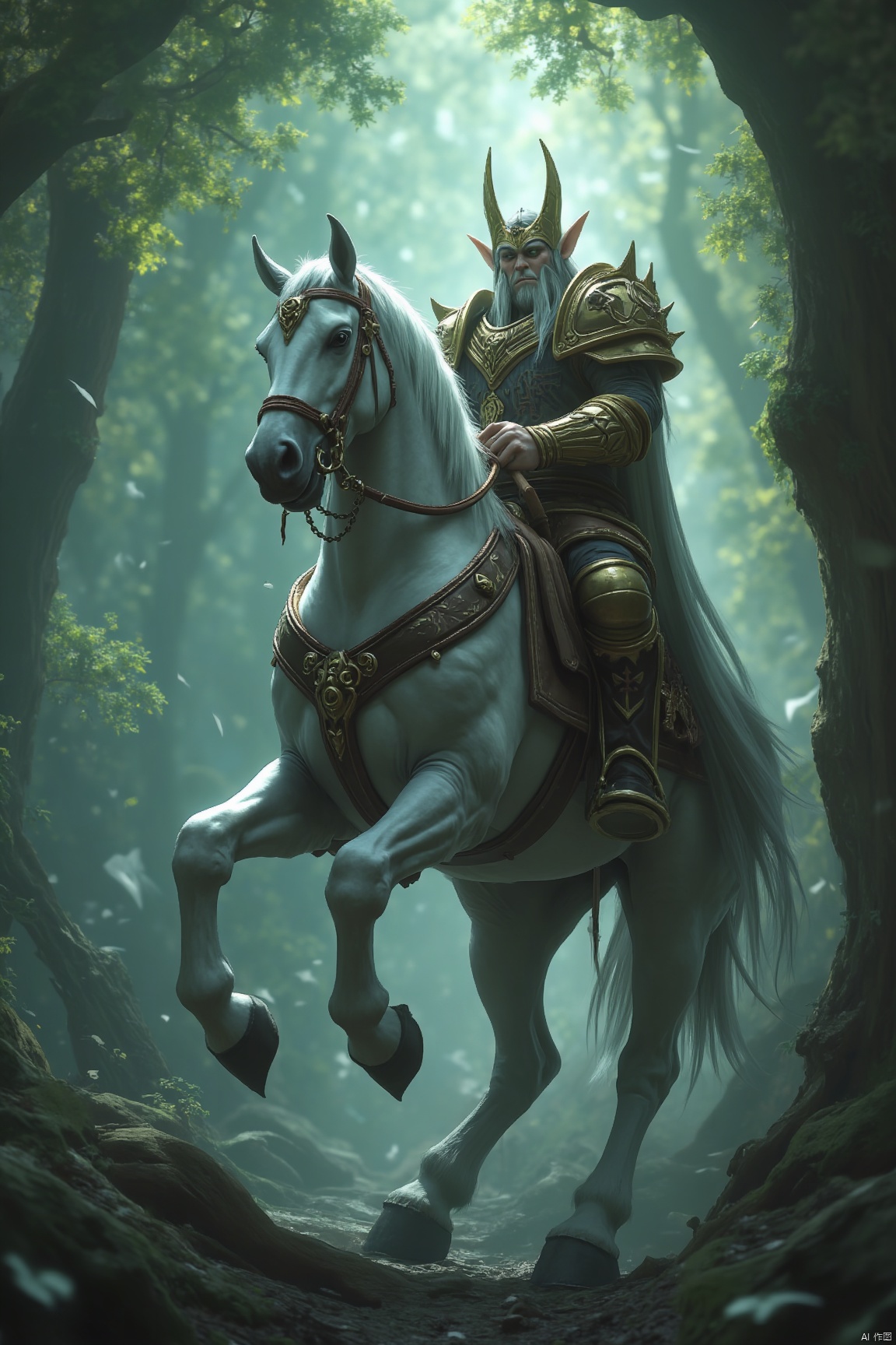 The Elf King rides a white horse, forest, CG rendering, World of Warcraft,