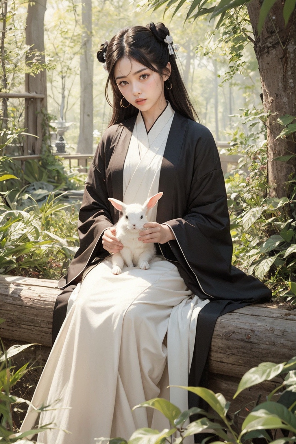 1girl,  Girl sitting on a branch holding a white rabbit in her hands,  hanfu on Tensor.Art