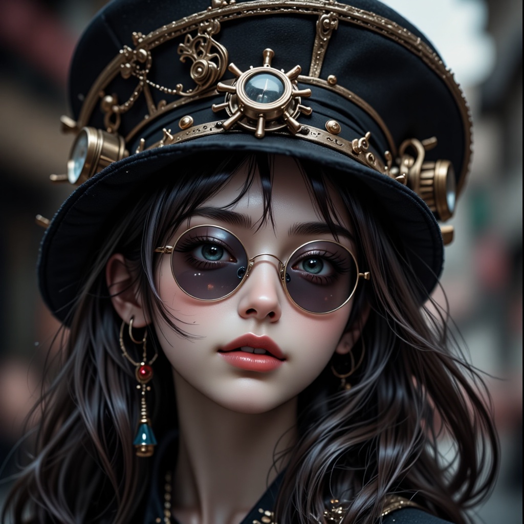 close up,  beautiful woman in the hat and round steel gear,  long black hair on Tensor.Art