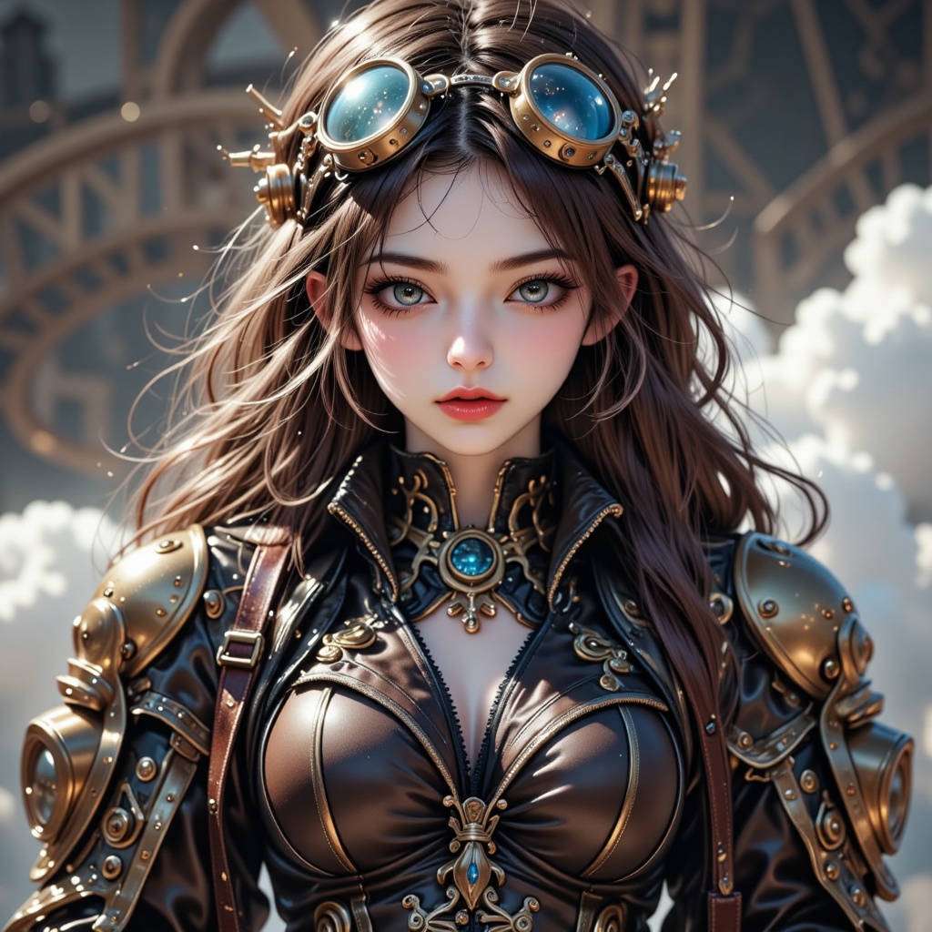 a stunning girl in a steampunk mecha musume aesthetic,  detailed cyber goggles,  highly detailed mechanical suit with fusi...