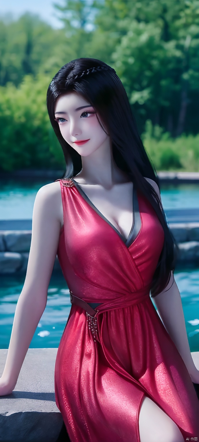 Close-up shot of a stunning 1girl sitting alone in a rustic setting, Sitting elegantly on the rock, with a cool colors light casting a gentle glow on her porcelain-detailed skin. Her gaze meets the viewer's, an invitation to connect as she wears subtle light makeup that accentuates her natural beauty. The camera captures every nuance, from the subtle curve of her smile to the sparkle in her eyes, all set against a richly textured backdrop. She is wearing a long red dress.