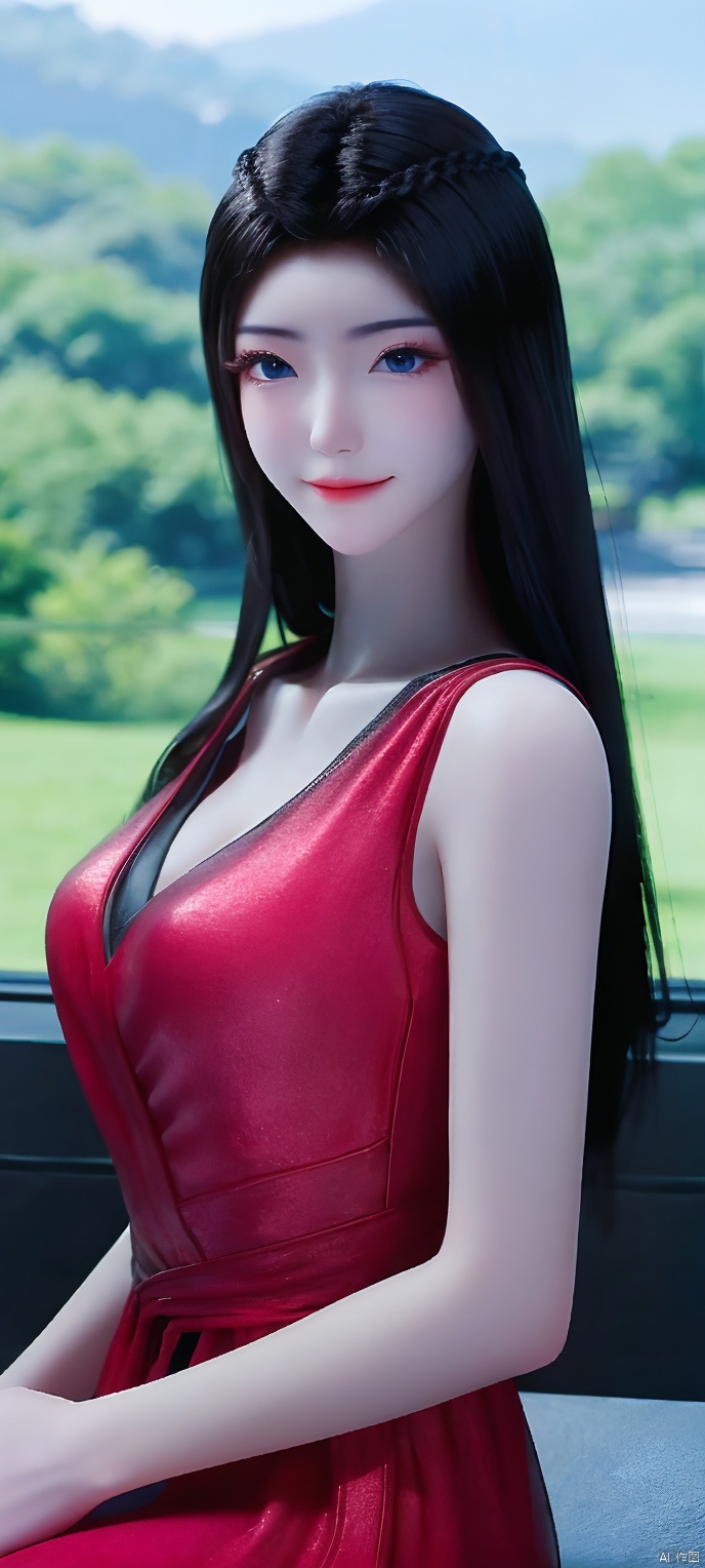 Close-up shot of a stunning 1girl sitting alone in a rustic setting, She is wearing a long red dress, with a cool colors light casting a gentle glow on her porcelain-detailed skin. Her gaze meets the viewer's, an invitation to connect as she wears subtle light makeup that accentuates her natural beauty. The camera captures every nuance, from the subtle curve of her smile to the sparkle in her eyes, all set against a richly textured backdrop.