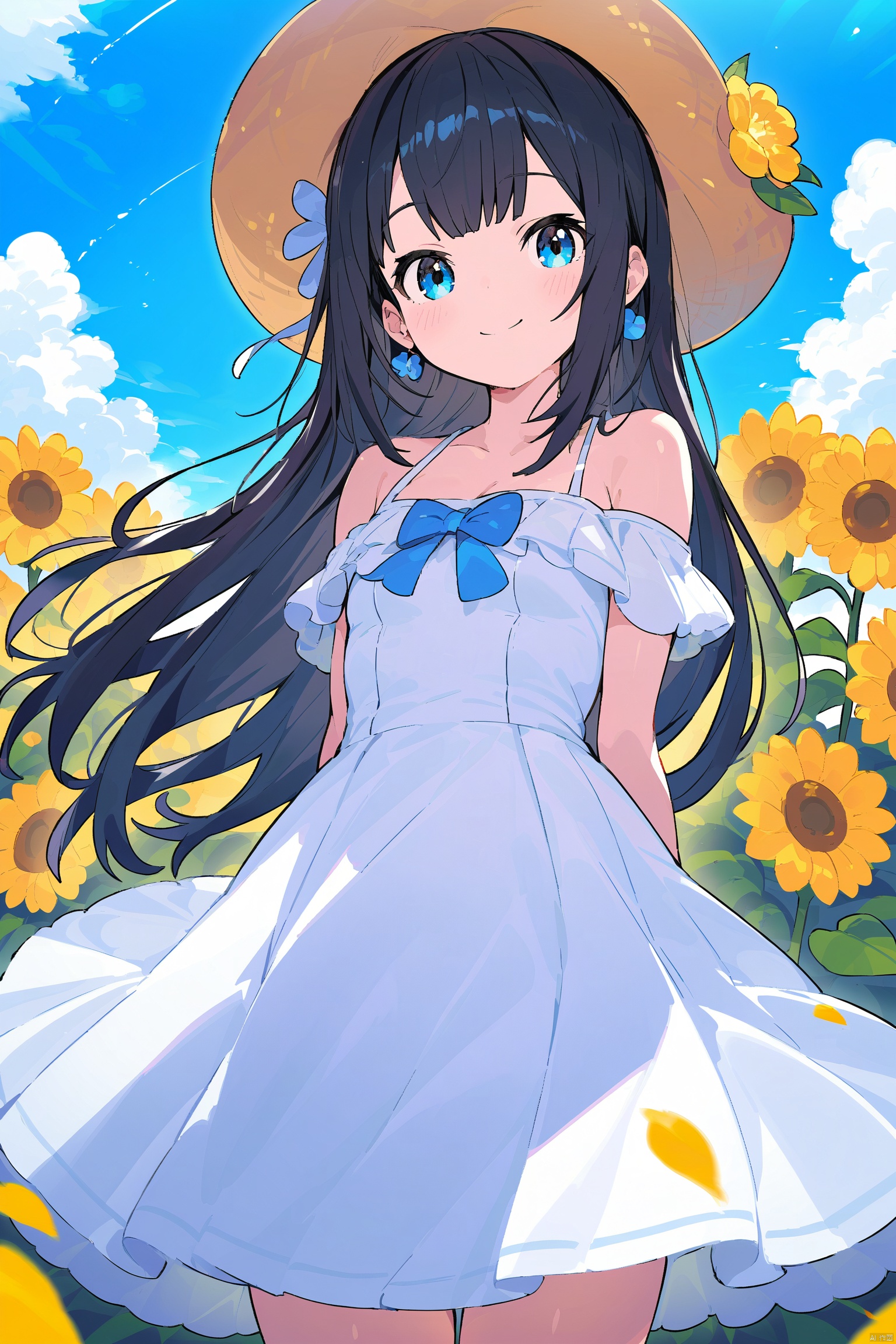 1girl, solo, long hair, breasts, looking at viewer, blush, smile, bangs, blue eyes, black hair, hat, dress, bow, ribbon, bare shoulders, jewelry, medium breasts, very long hair, closed mouth, standing, collarbone, flower, sidelocks, cowboy shot, earrings, outdoors, frills, sky, day, cloud, off shoulder, white dress, blue sky, strapless, blue bow, arms behind back, frilled dress, hat ribbon, blue ribbon, sun hat, yellow flower, off-shoulder dress, straw hat, sunflower, hat flower