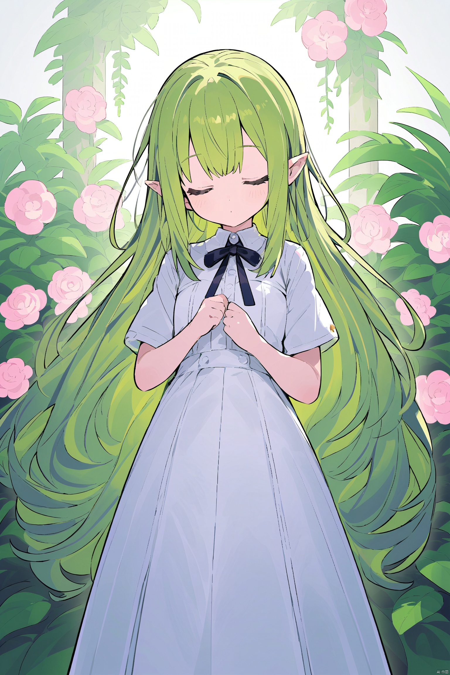 1girl, closed_eyes, dress, flower, long_hair, plant, pointy_ears, ribbon,