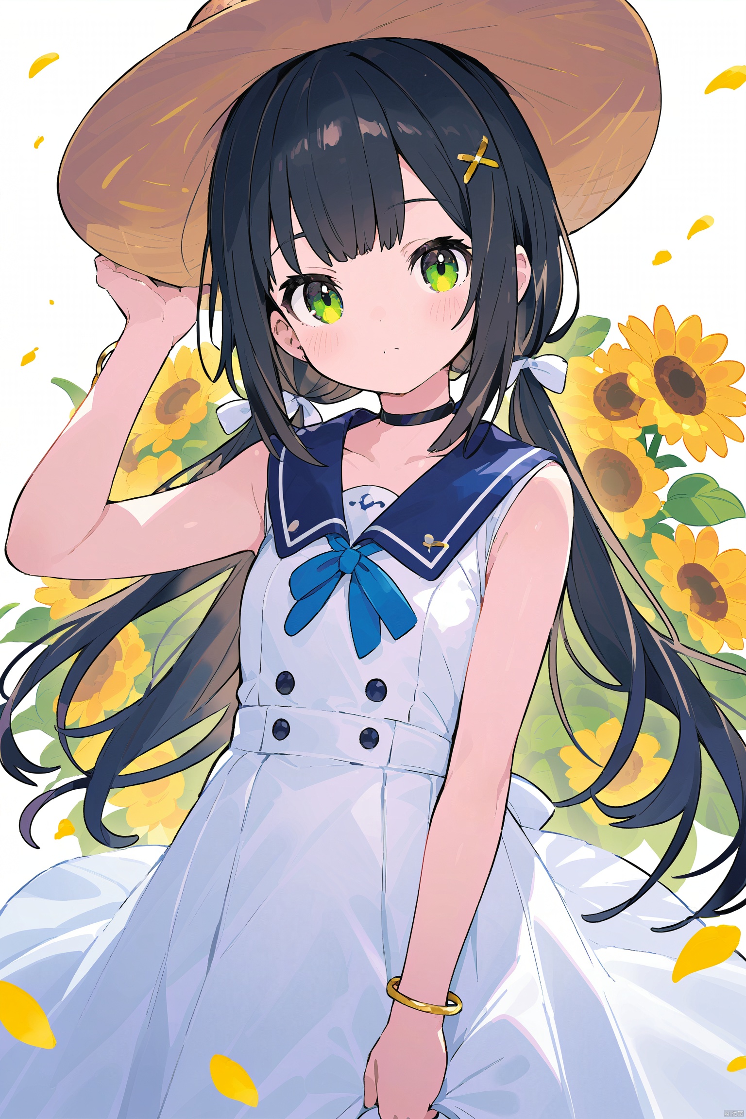 1girl, solo, flower, hat, dress, long hair, sunflower, straw hat, white dress, blue sailor collar, black hair, petals, sailor collar, holding, twintails, green eyes, holding flower, looking at viewer, sleeveless, bracelet, sailor dress, blush, jewelry, yellow flower, low twintails, hand on headwear, bangs, collarbone, closed mouth, sleeveless dress, very long hair, bare shoulders, arm up, choker, ribbon, brown headwear, white background, sun hat