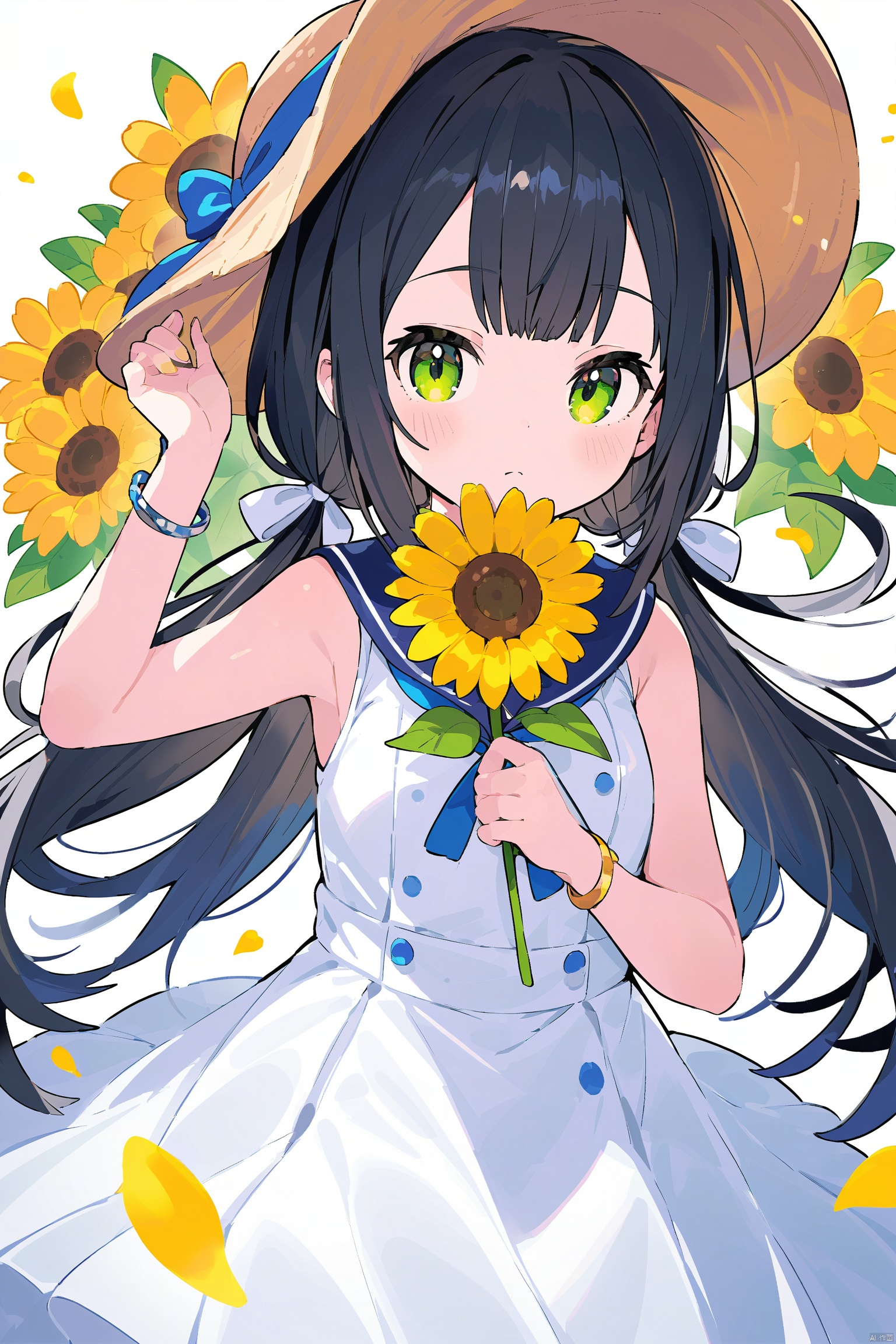 1girl, solo, flower, hat, dress, long hair, sunflower, straw hat, white dress, blue sailor collar, black hair, petals, sailor collar, holding, twintails, green eyes, holding flower, looking at viewer, sleeveless, bracelet, sailor dress, blush, jewelry, yellow flower, low twintails, hand on headwear, bangs, collarbone, closed mouth, sleeveless dress, very long hair, bare shoulders, arm up, choker, ribbon, brown headwear, white background, sun hat