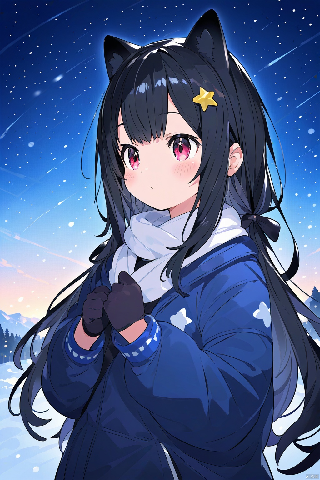 1girl, animal_ears, black_gloves, black_hair, blush, bracelet, gloves, hair_ornament, jewelry, light_particles, long_hair, long_sleeves, snow, snowing, star_\(sky\), starry_sky, starry_sky_print