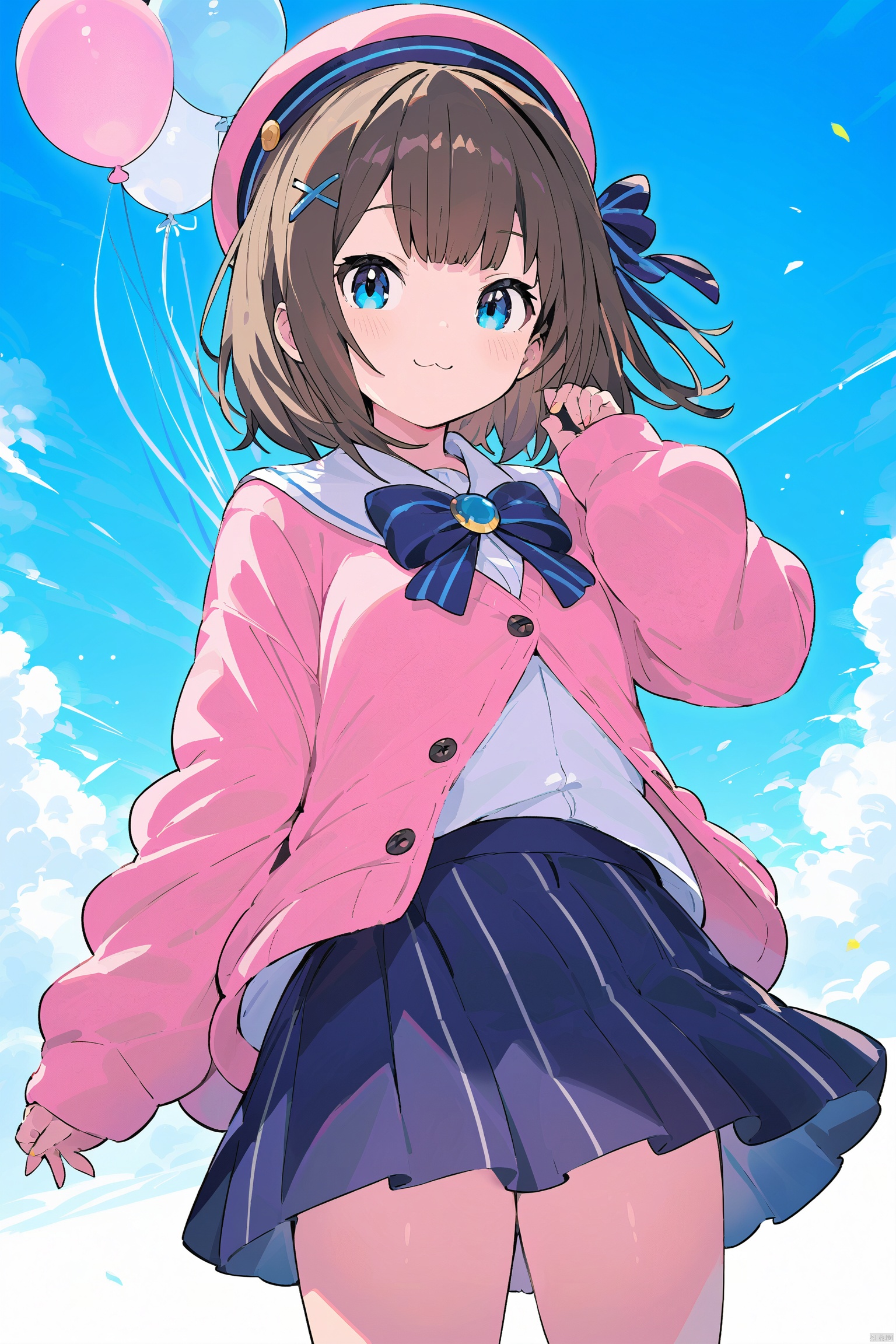 1girl, solo, looking at viewer, blush, smile, bangs, blue eyes, skirt, brown hair, shirt, hair ornament, long sleeves, hat, bow, jewelry, closed mouth, white shirt, cowboy shot, outdoors, frills, sky, day, striped, cloud, virtual youtuber, bowtie, black skirt, medium hair, blue sky, sleeves past wrists, :3, beret, cardigan, x hair ornament, brooch, vertical stripes, striped bow, balloon, striped skirt, pink cardigan, vertical-striped skirt, suzuhara lulu