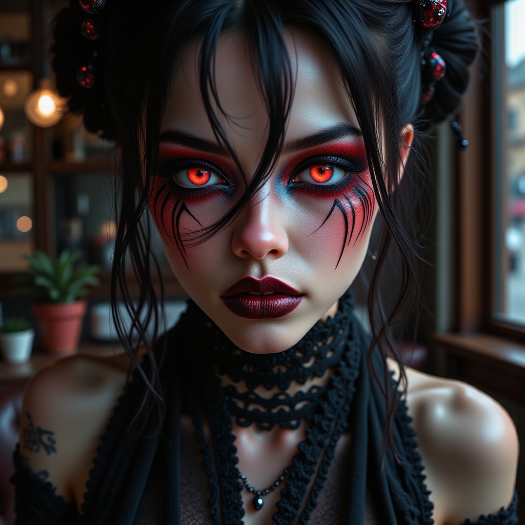 a digital painting of a woman with black and red makeup,  cyberpunk art by Anna Dittmann,  cgsociety on Tensor.Art