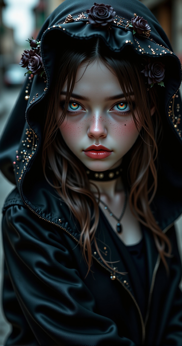 a woman with a hood and roses in her hair,  dark fantasy style art,  in style of dark fantasy art on Tensor.Art