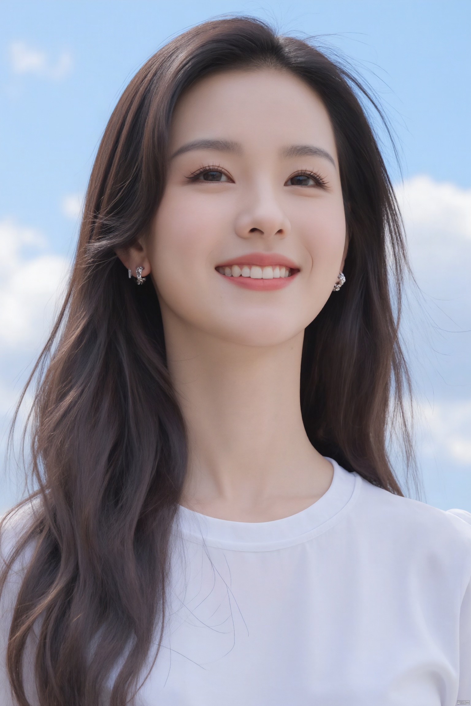 (1girl:1.2), (big smile), beautiful face, Amazing face and eyes, long silky brown hair, wearing white t shirt, delicate, (Best Quality:1.4), (Ultra-detailed), (extremely detailed beautiful face), cute smile, brown eyes, (highly detailed Beautiful face), (summer high school uniform:1.2), (extremely detailed CG unified 8k wallpaper), Highly detailed, High-definition raw color photos, Professional Photography, Realistic portrait, Extremely high resolution, smiling, (Clouds all over the sky, cloudy sky, lots of clouds:1.5), (cloudy day:1.5), half figure

