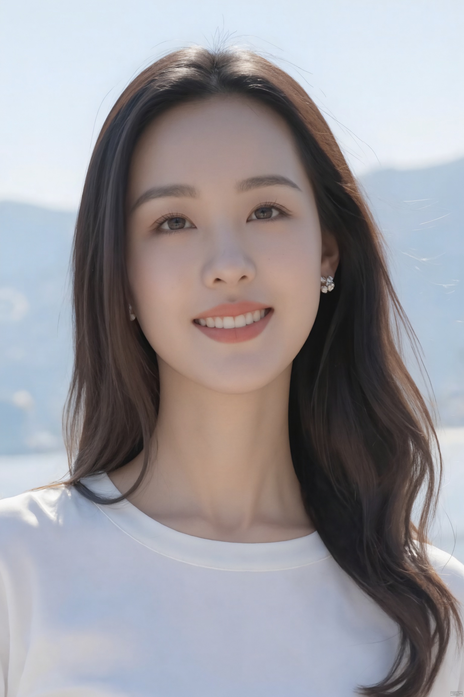 (1girl:1.2), (big smile), beautiful face, Amazing face and eyes, long silky brown hair, wearing white t shirt, delicate, (Best Quality:1.4), (Ultra-detailed), (extremely detailed beautiful face), cute smile, brown eyes, (highly detailed Beautiful face), (summer high school uniform:1.2), (extremely detailed CG unified 8k wallpaper), Highly detailed, High-definition raw color photos, Professional Photography, Realistic portrait, Extremely high resolution, smiling, (Clouds all over the sky, cloudy sky, lots of clouds:1.5), (cloudy day:1.5), half figure

